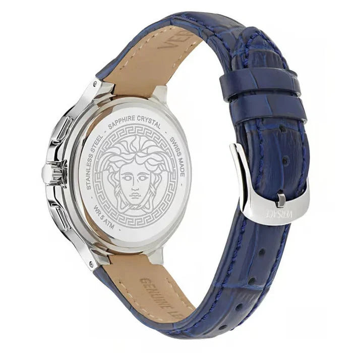 Caseback view of Versace V-Lady Chrono Square displaying Medusa engraving, sapphire crystal and navy crocodile-embossed leather strap