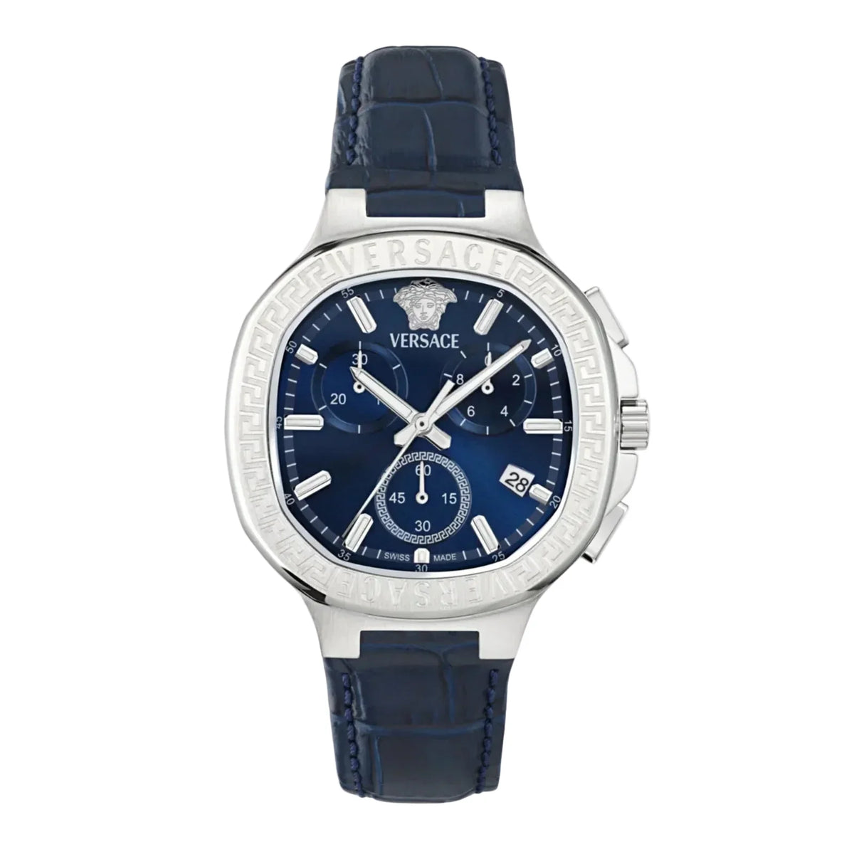 Versace V-Lady Chrono Square stainless steel watch with navy blue chronograph dial and navy leather strap