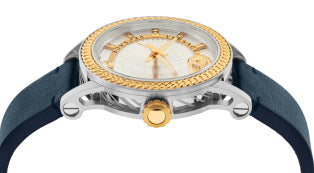 Versace Viamond watch overhead angle showing white dial with Medusa logo and gold-accented bezel