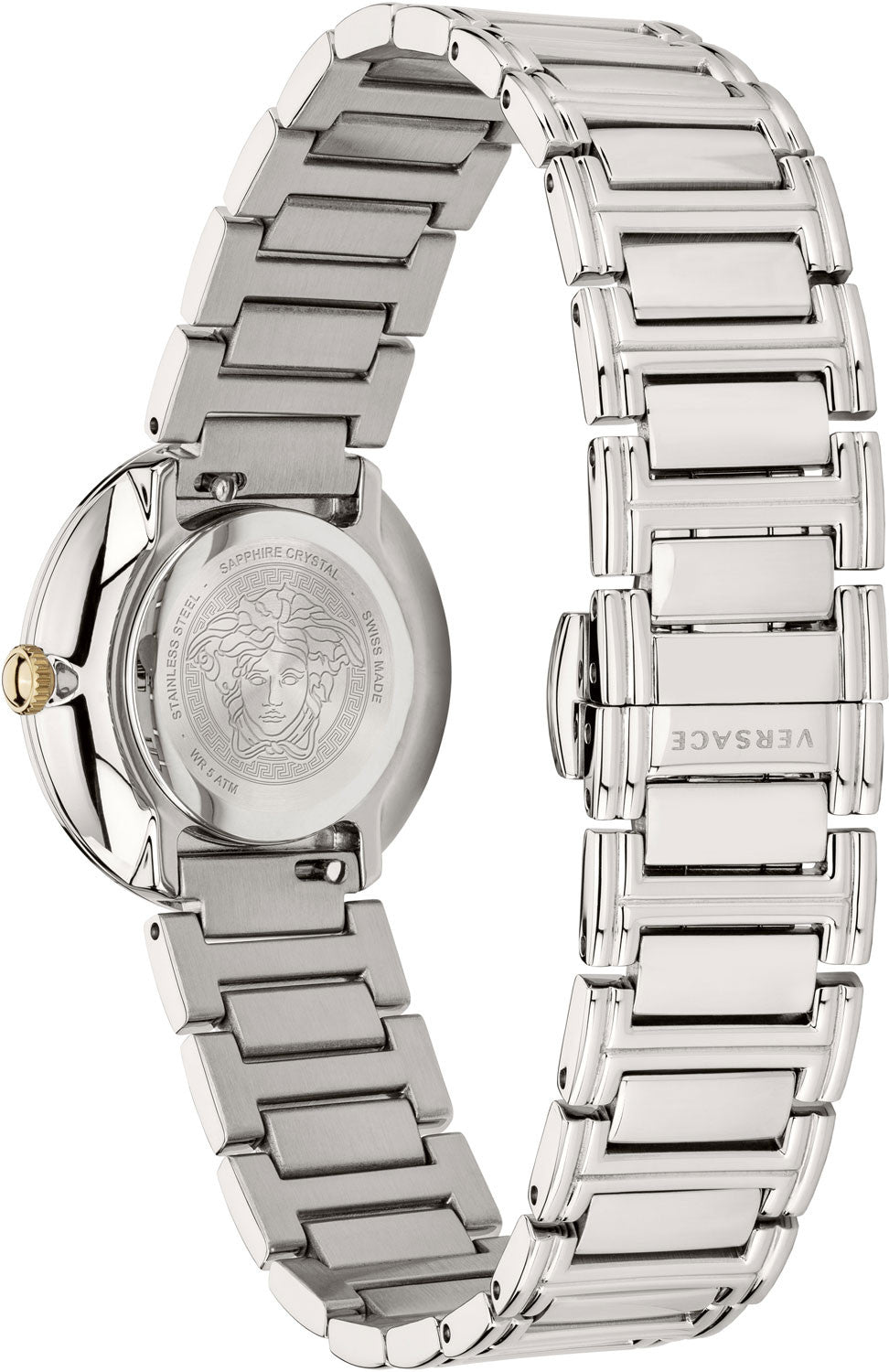 Caseback and full bracelet view of Versace Virtus Mini silver watch with Medusa emblem
