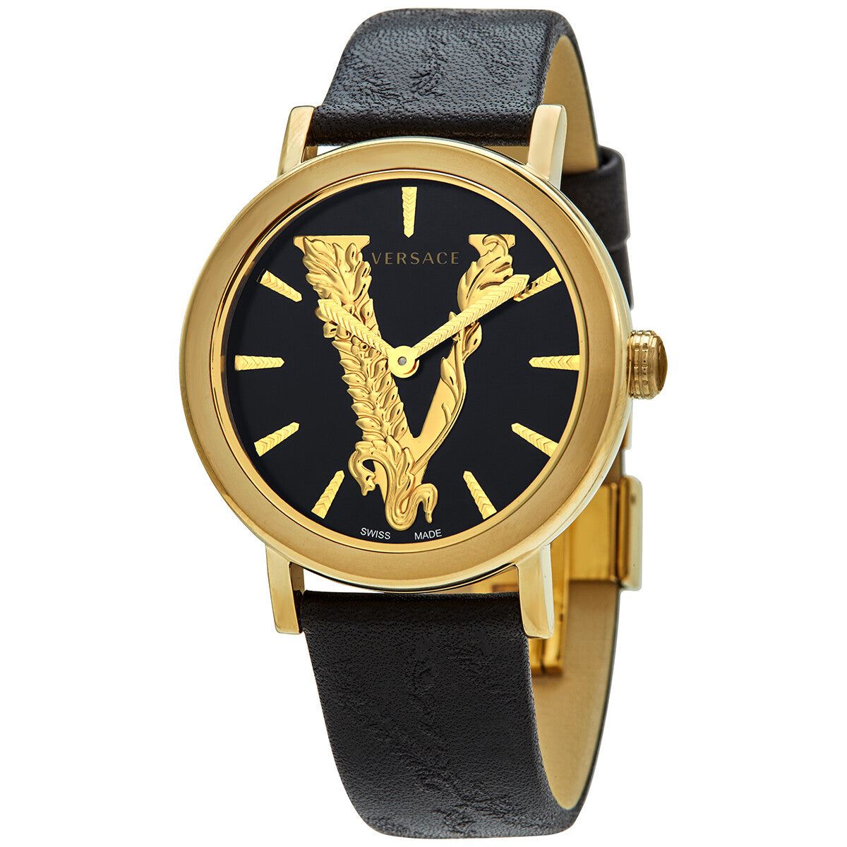 Versace Virtus women's watch with black dial, gold Versace logo, and black leather strap