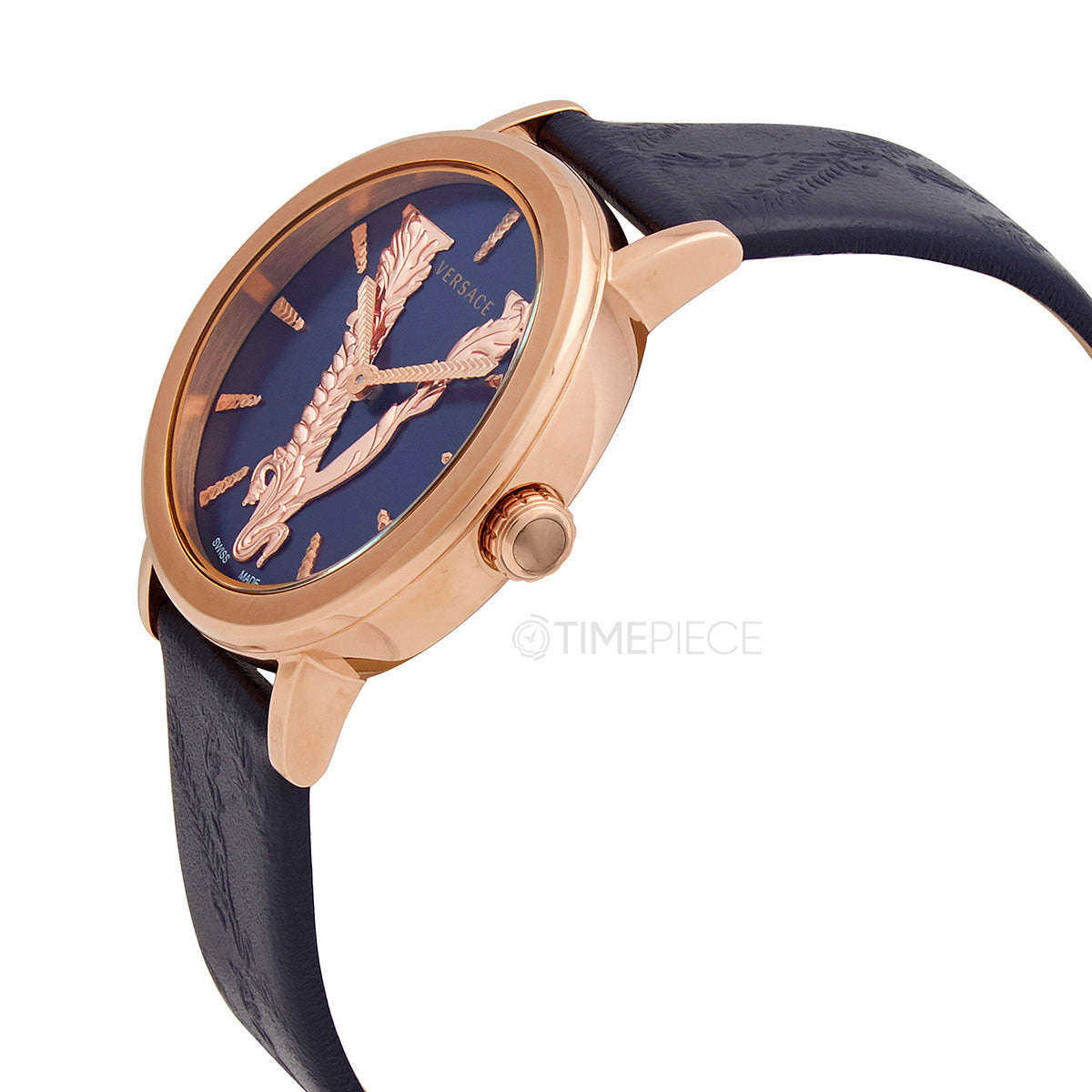 Versace Virtus watch with rose gold case and navy strap, side angle view showing profile