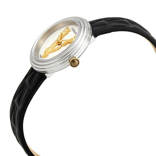 Side angle of Versace Virtus Mini watch with silver case and black quilted strap
