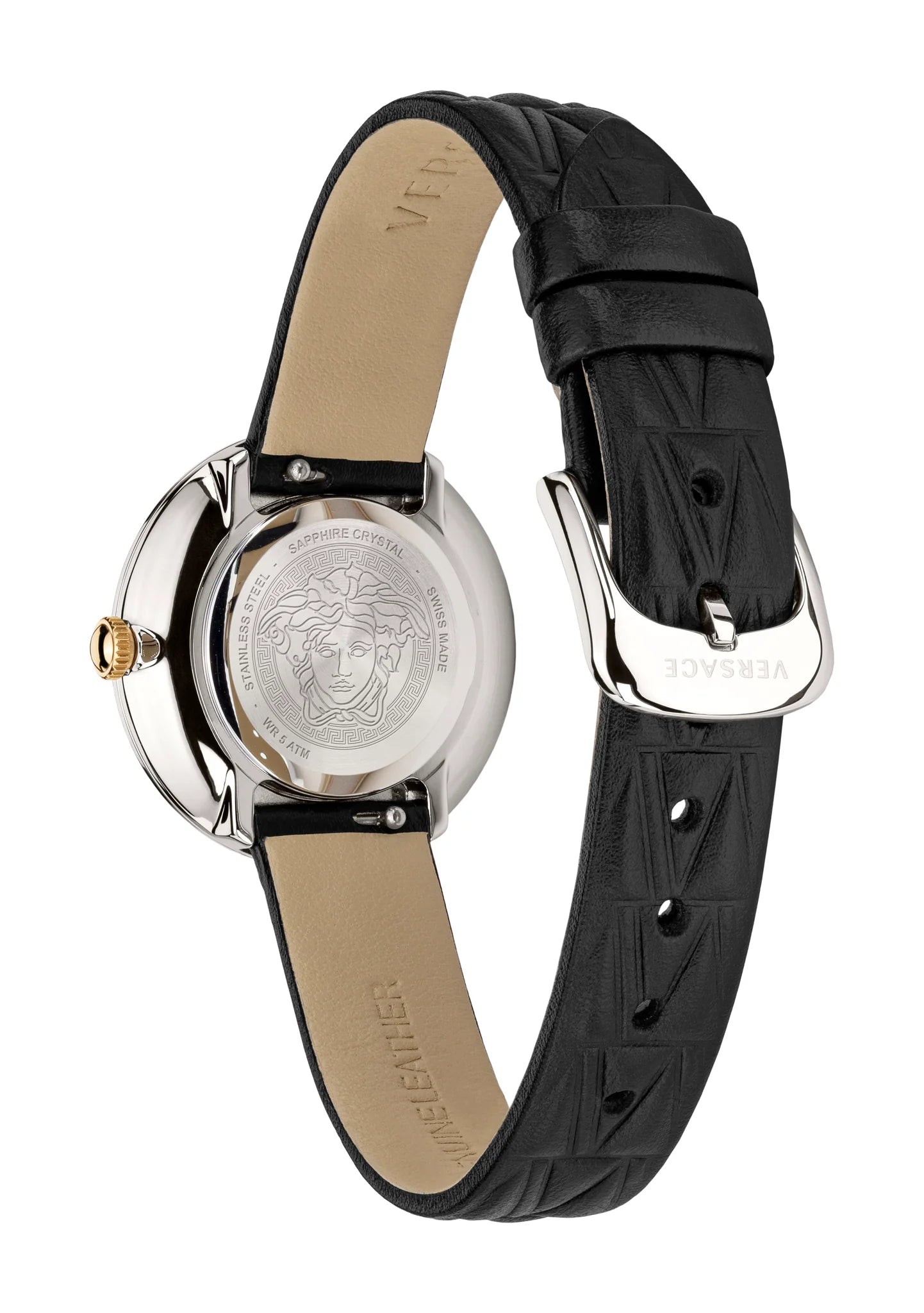 Caseback of Versace Virtus Mini watch with Medusa medallion engraving
