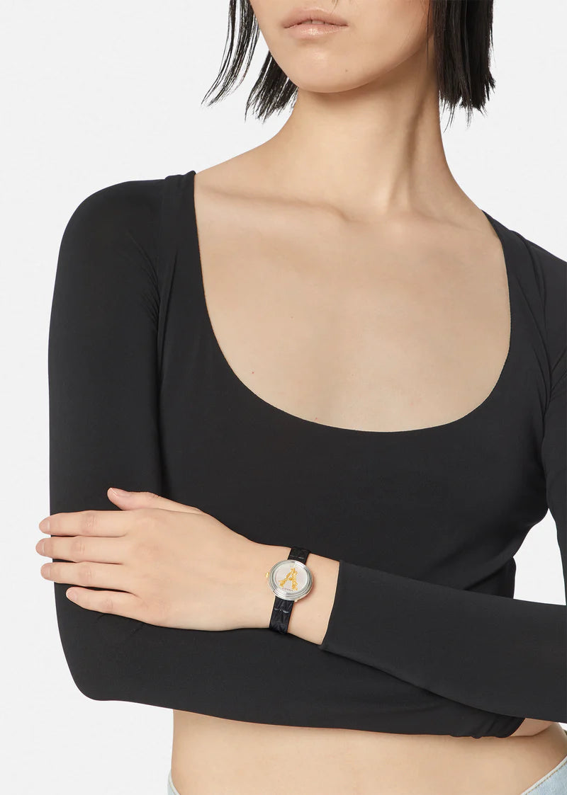 Versace Virtus Mini ladies watch worn on wrist with white dial visible