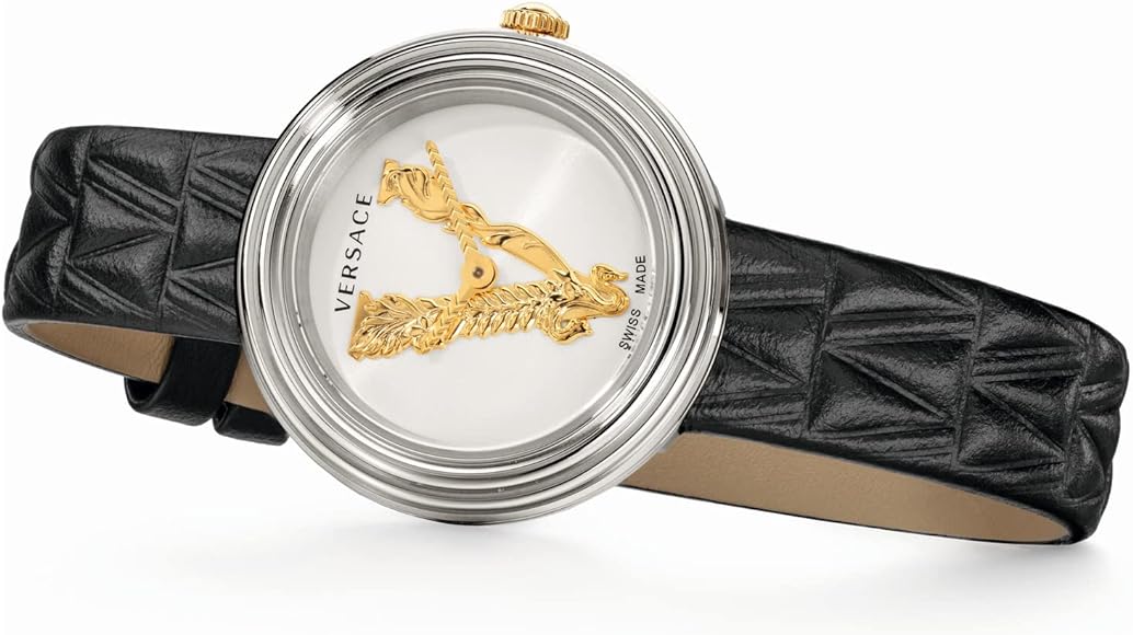 Overhead view of Versace Virtus Mini watch on black quilted leather strap