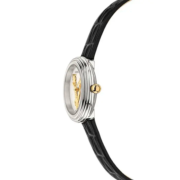 Side profile of Versace Virtus Mini watch showing round case design