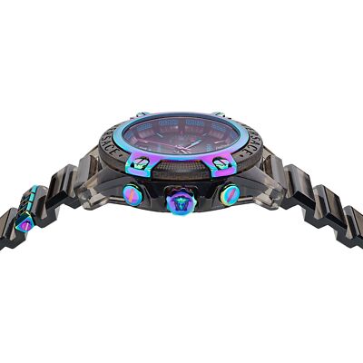 Versace Icon Active black dial detail with chronograph subdials and iridescent bezel