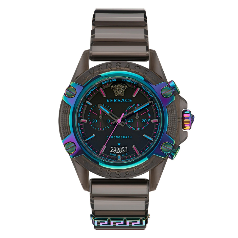 Versace Icon Active chronograph black dial with colorful iridescent bezel and grey silicone strap