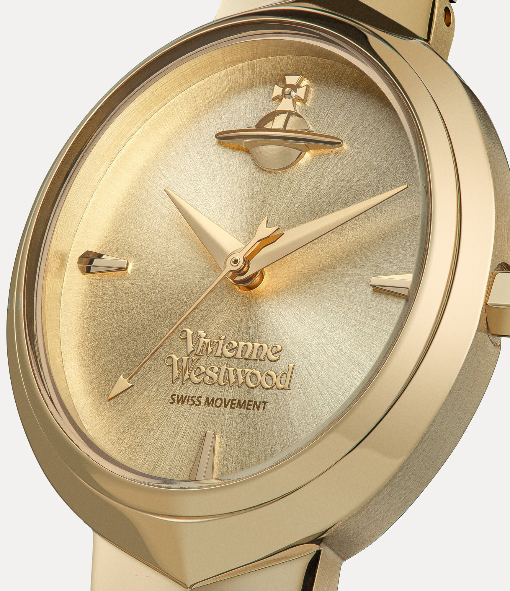 Side view of Vivienne Westwood Armour gold watch showing case profile and strap