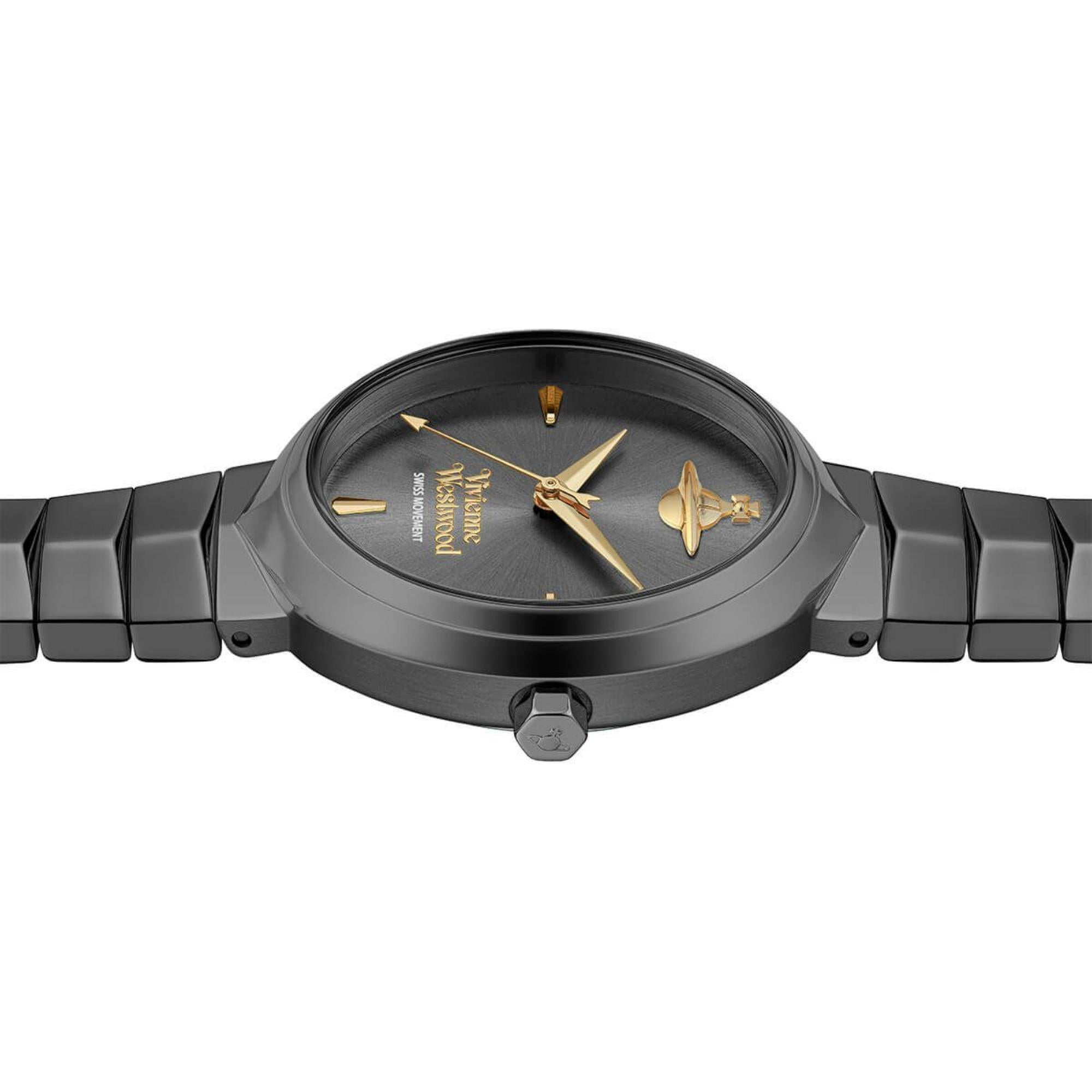 Vivienne Westwood Armour gunmetal watch top view with full strap