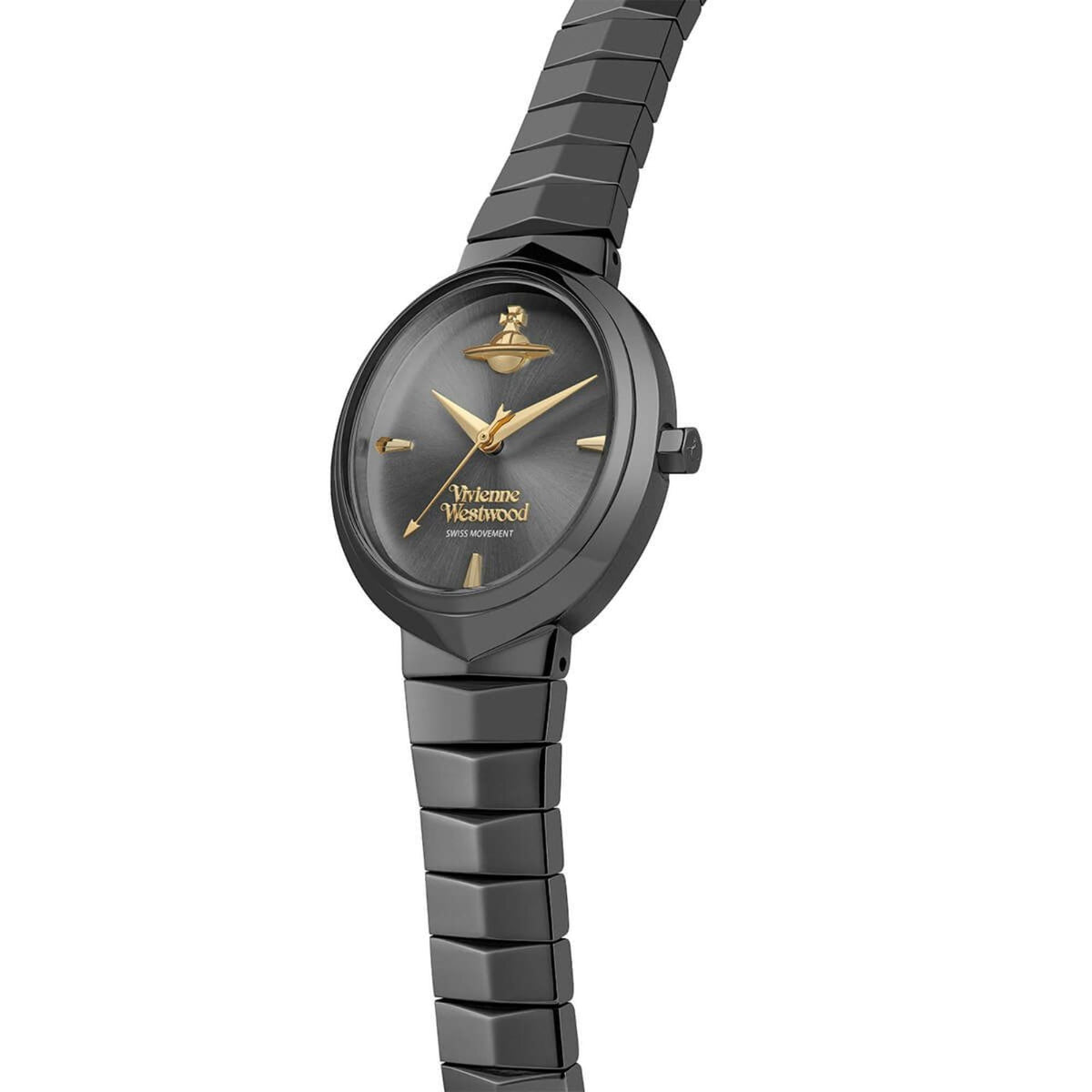 Vivienne Westwood Armour gunmetal watch shown from side with strap visible