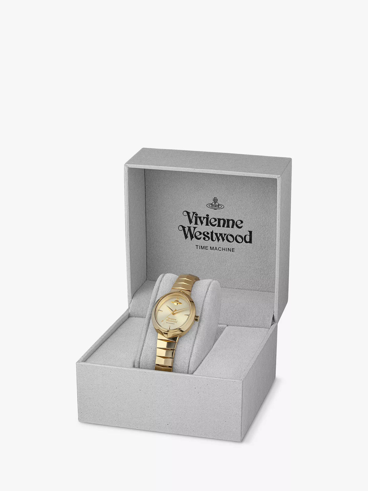 Vivienne Westwood watch in gray branded presentation box with gold and two-tone bracelet visible