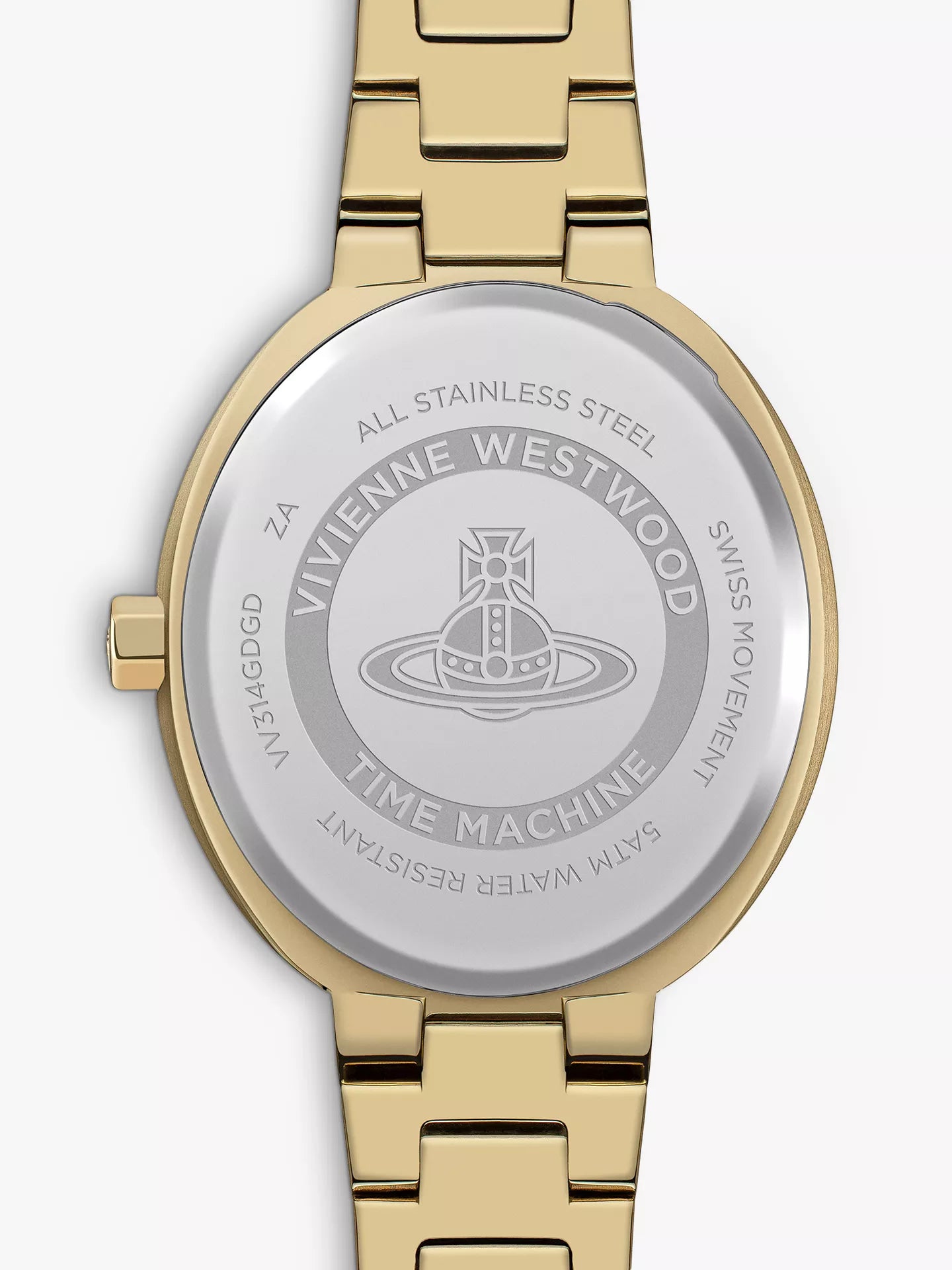Watch caseback engraved with Vivienne Westwood branding, Time Machine text, and stainless steel details