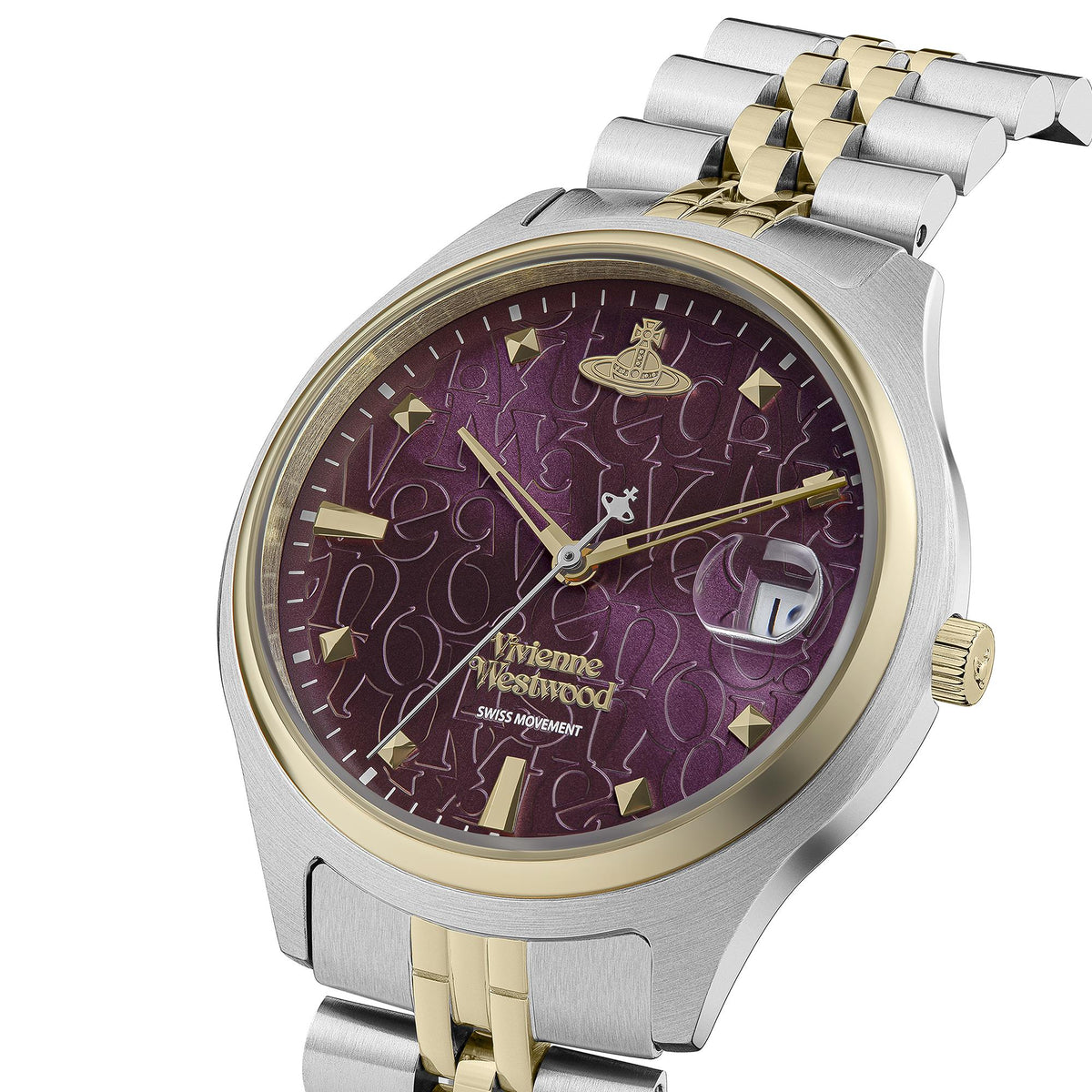 Two-tone Bloomsbury watch at angle showing purple dial, gold and silver bracelet