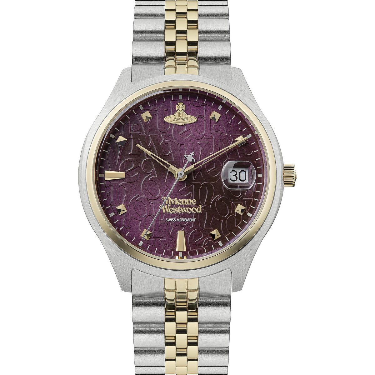 Vivienne Westwood Bloomsbury two-tone ladies watch with purple dial and date window