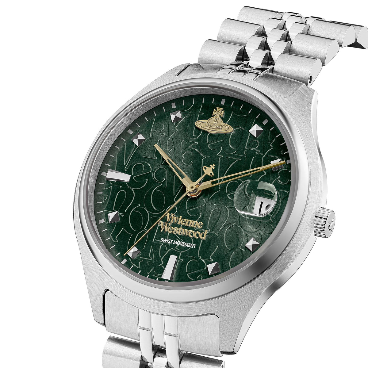 Vivienne Westwood Camberwell watch with green dial, gold hands and stainless steel bracelet