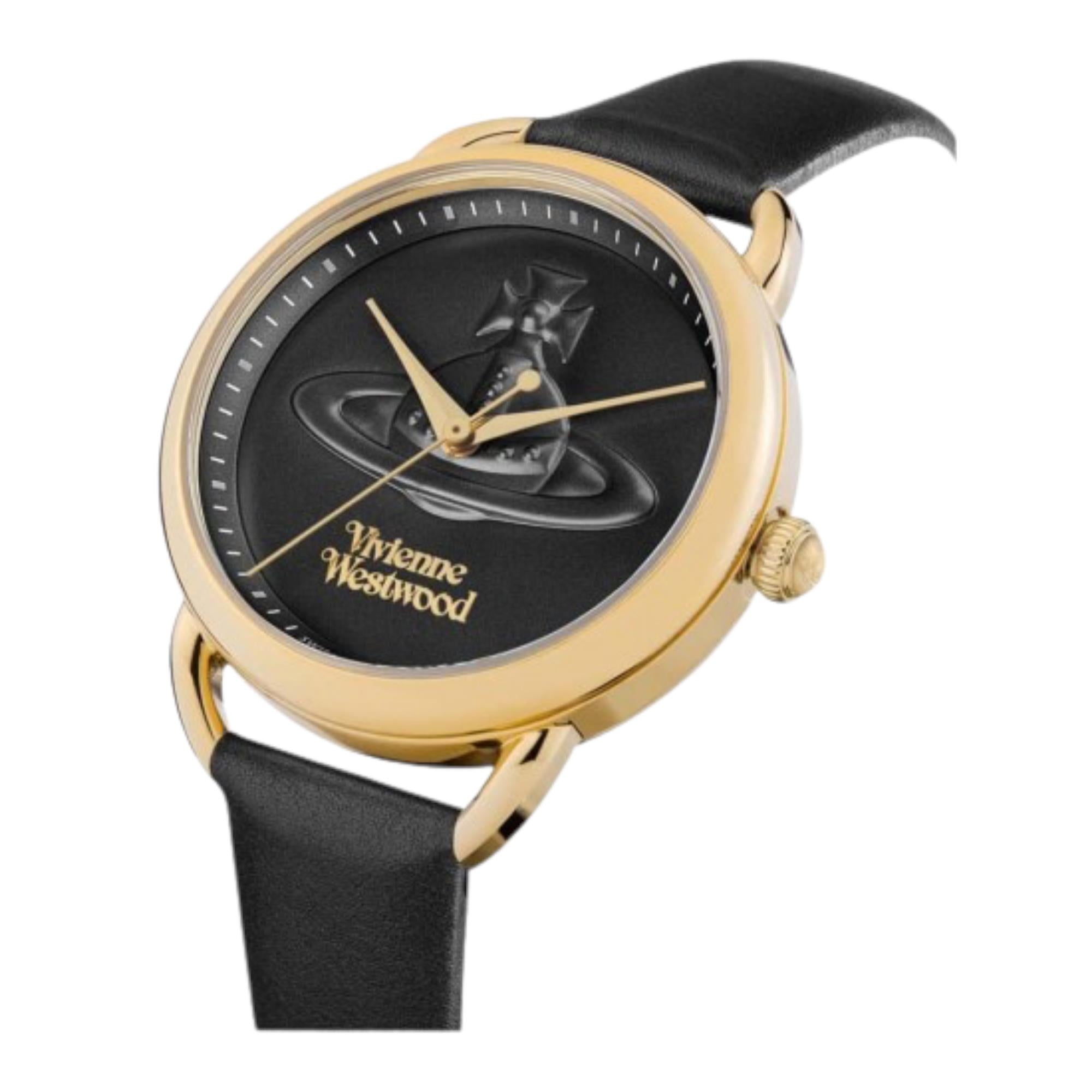 Vivienne Westwood Carnaby watch shown from angled side view with black leather strap