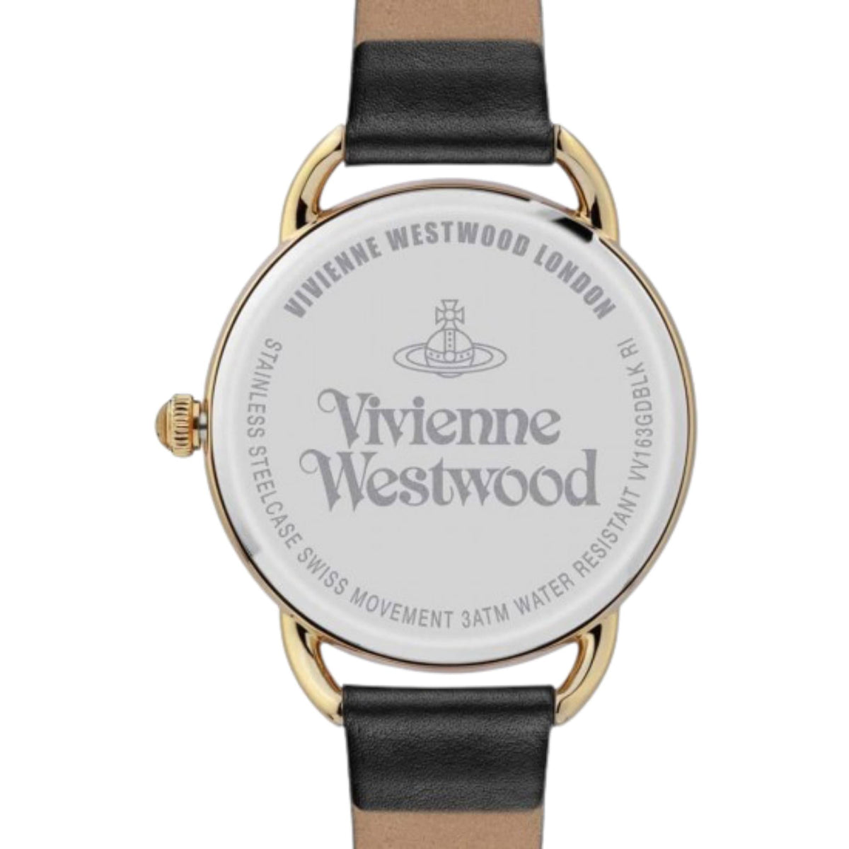 Caseback of Vivienne Westwood Carnaby watch showing engraved branding and specifications