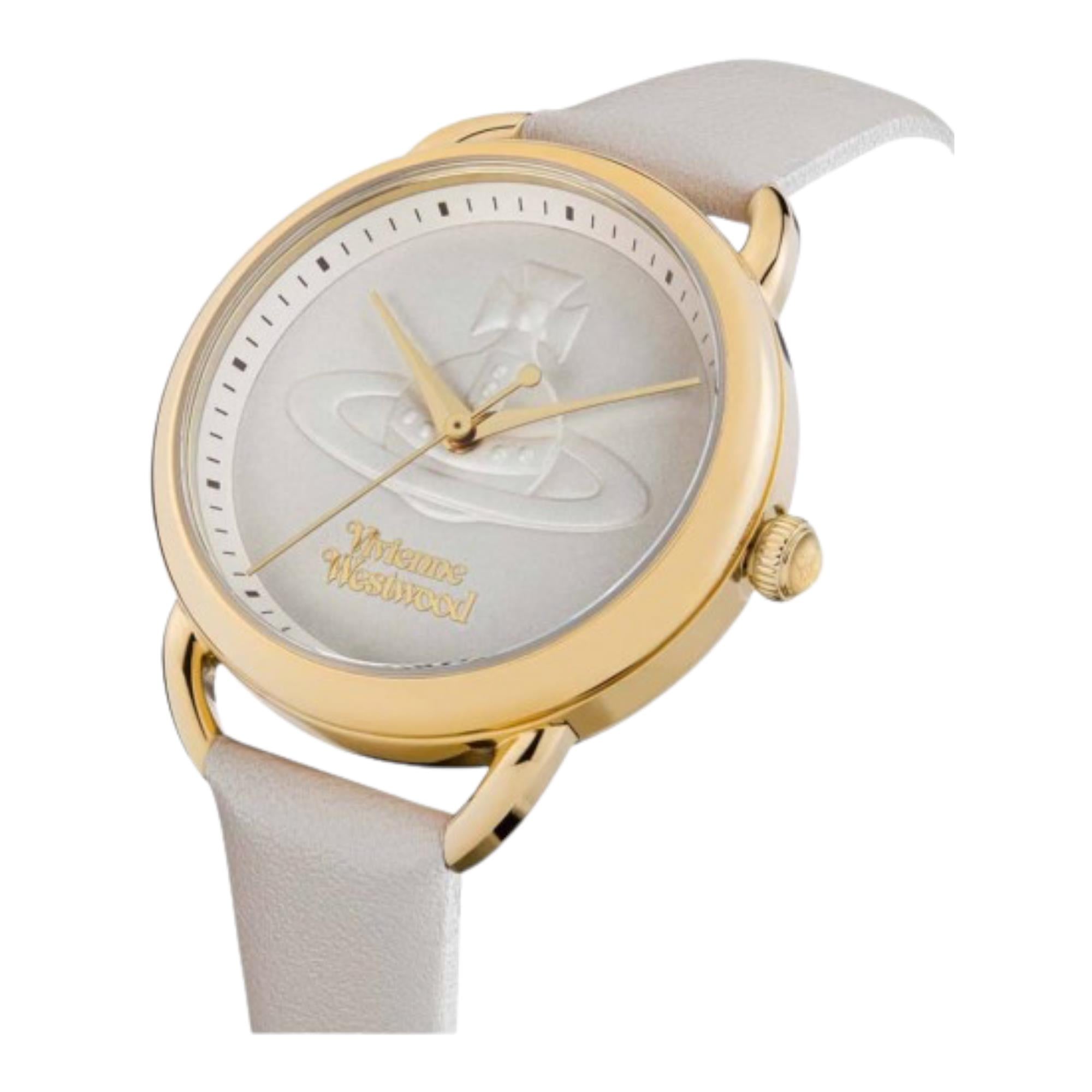 Vivienne Westwood Carnaby watch angled view showing cream dial with orb logo and gold case