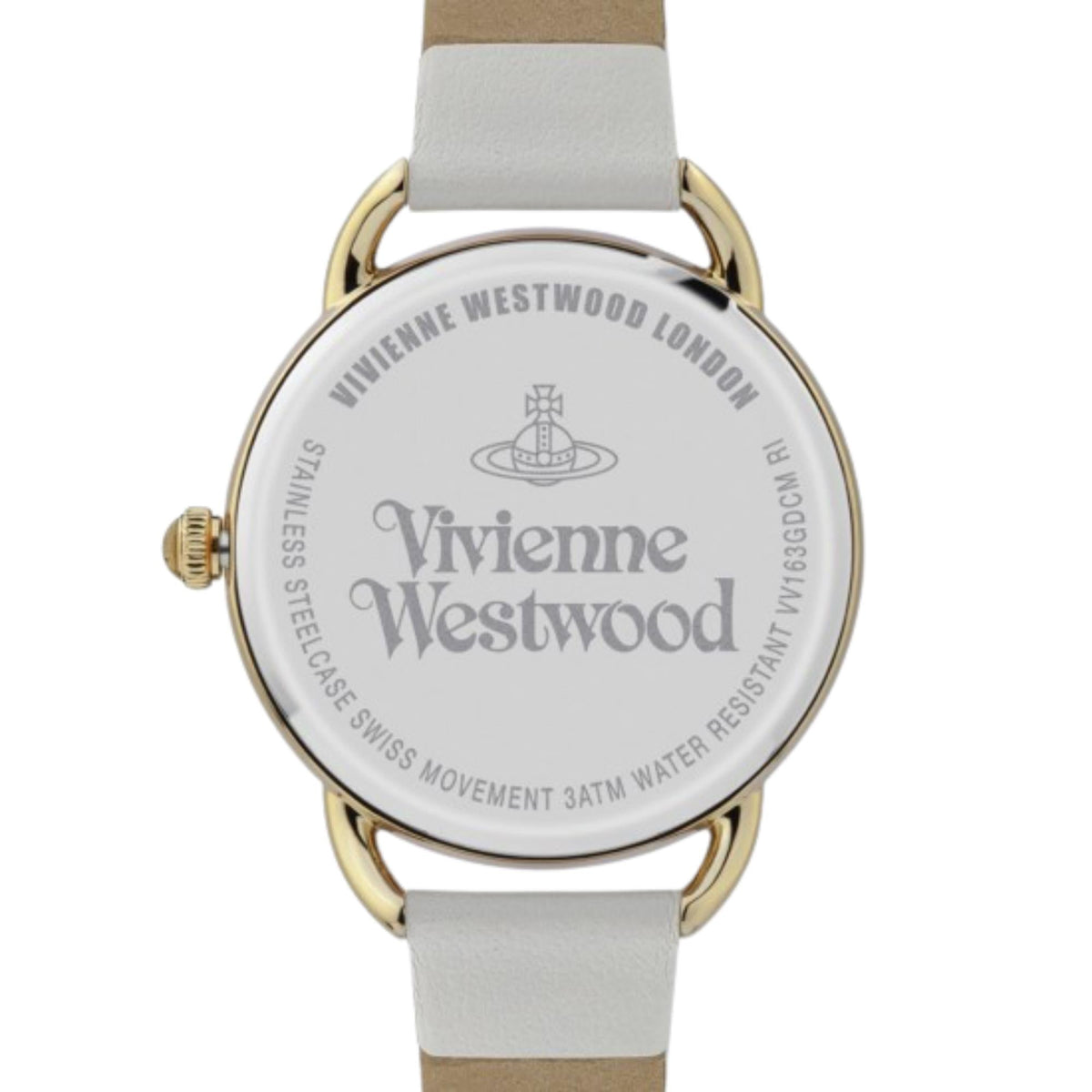 Vivienne Westwood Carnaby watch caseback showing engraved branding and 3ATM water resistance