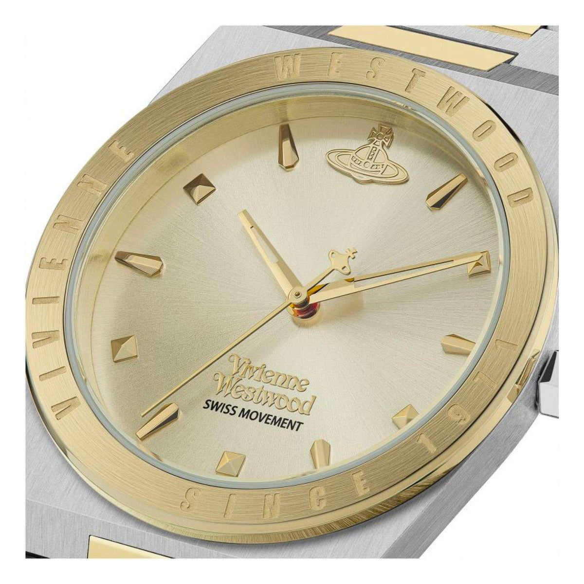 Close-up of Charterhouse champagne dial with gold-tone hour markers and Vivienne Westwood logo