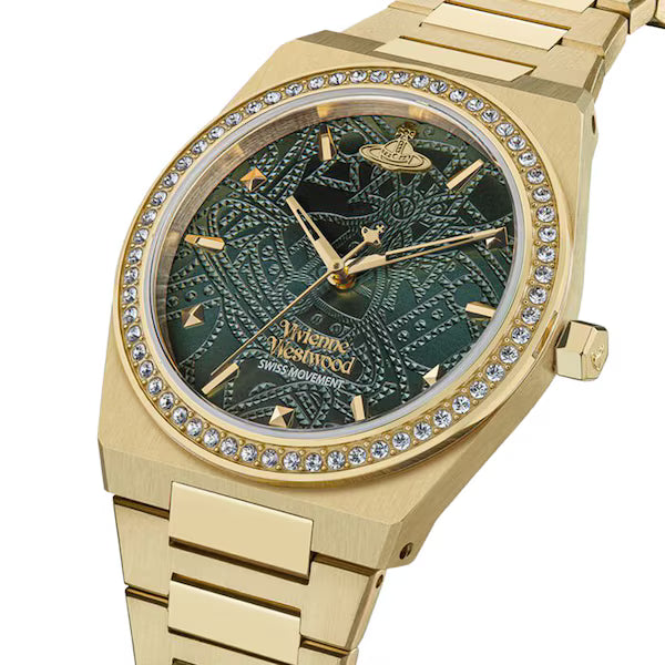 Vivienne Westwood Charterhouse 34mm gold ladies watch with dark green dial and crystal bezel