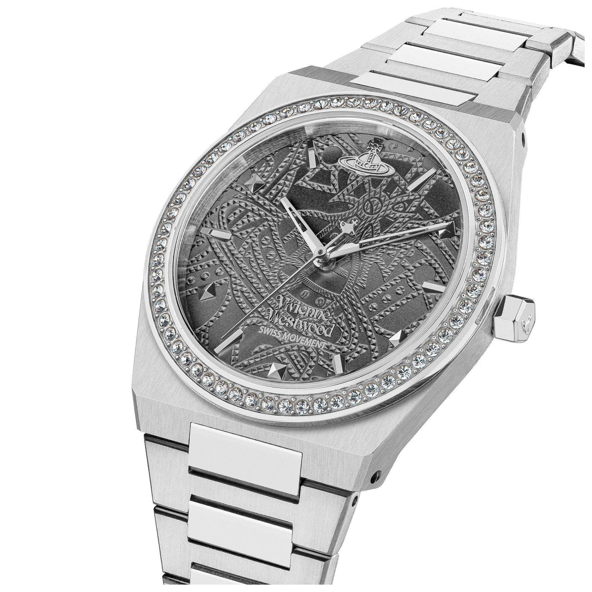 Vivienne Westwood Charterhouse women's watch angled view showing grey dial and stainless steel bracelet