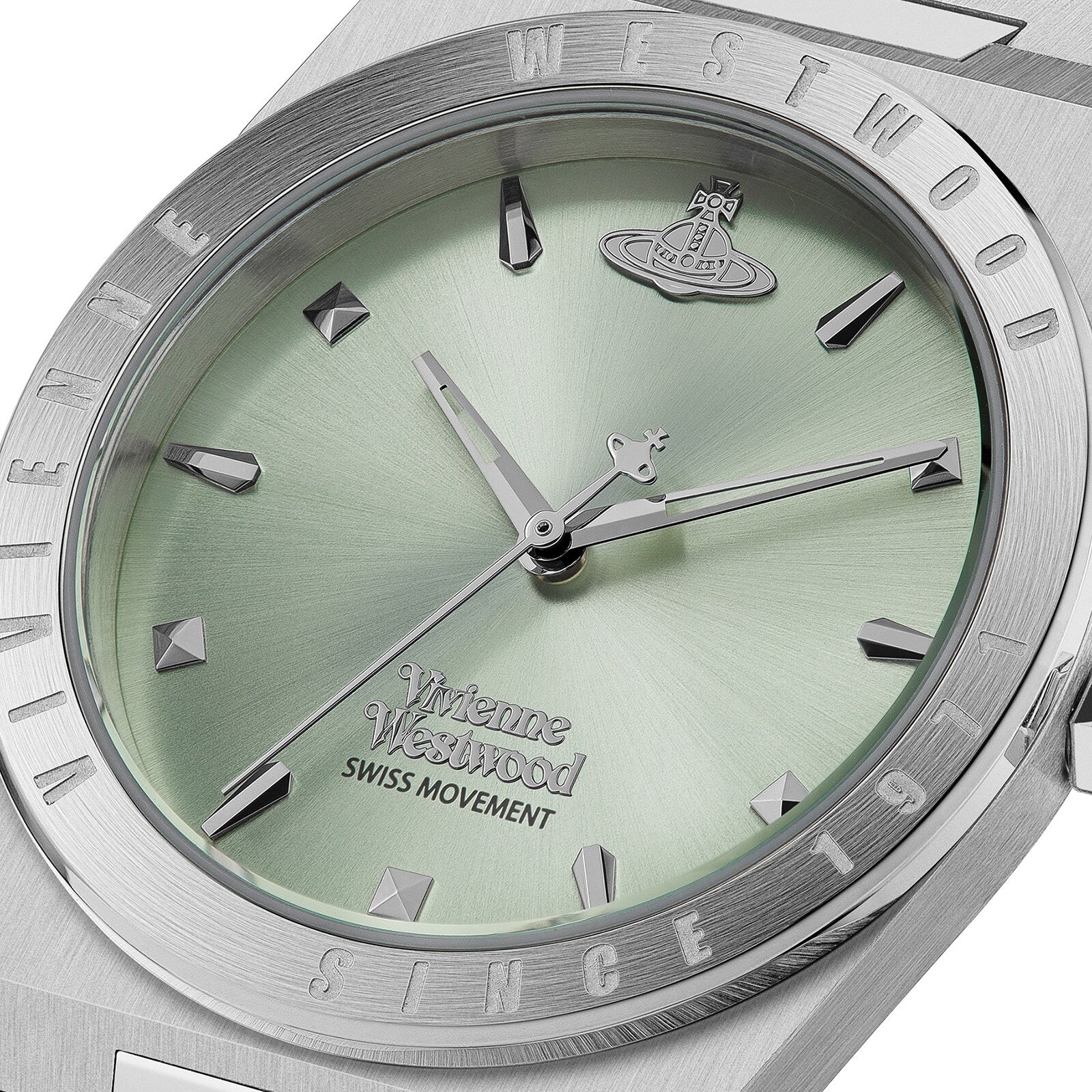 Close-up of Vivienne Westwood Charterhouse dial showing green sunburst finish and indices