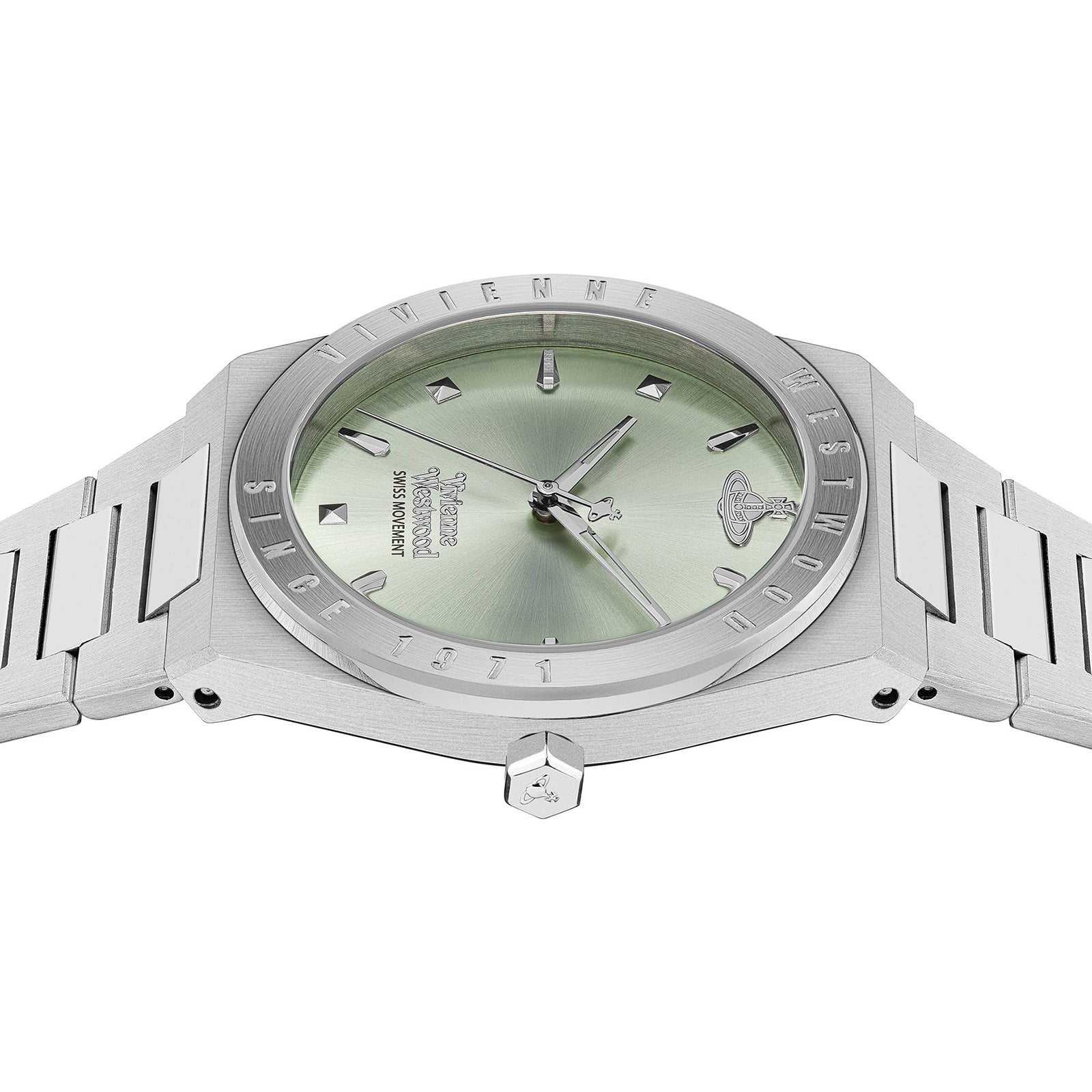 Vivienne Westwood Charterhouse watch side view showing steel bracelet and case profile