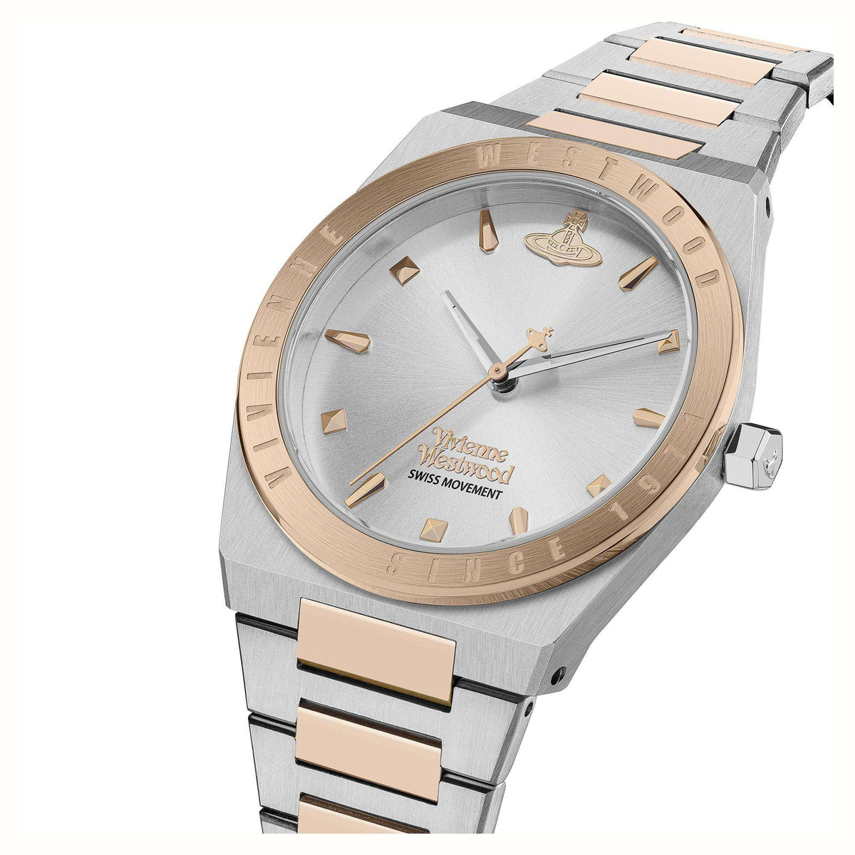 Vivienne Westwood Charterhouse ladies watch at angle showing two-tone stainless steel bracelet