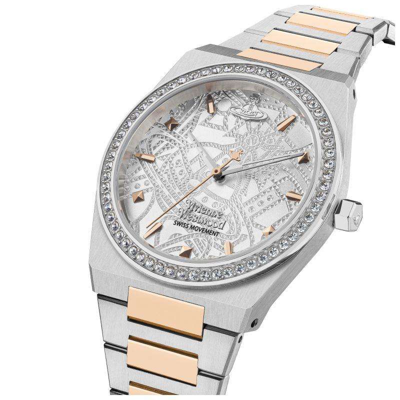 Angled view of Vivienne Westwood Charterhouse watch showing diamond bezel and two-tone mixed metal design