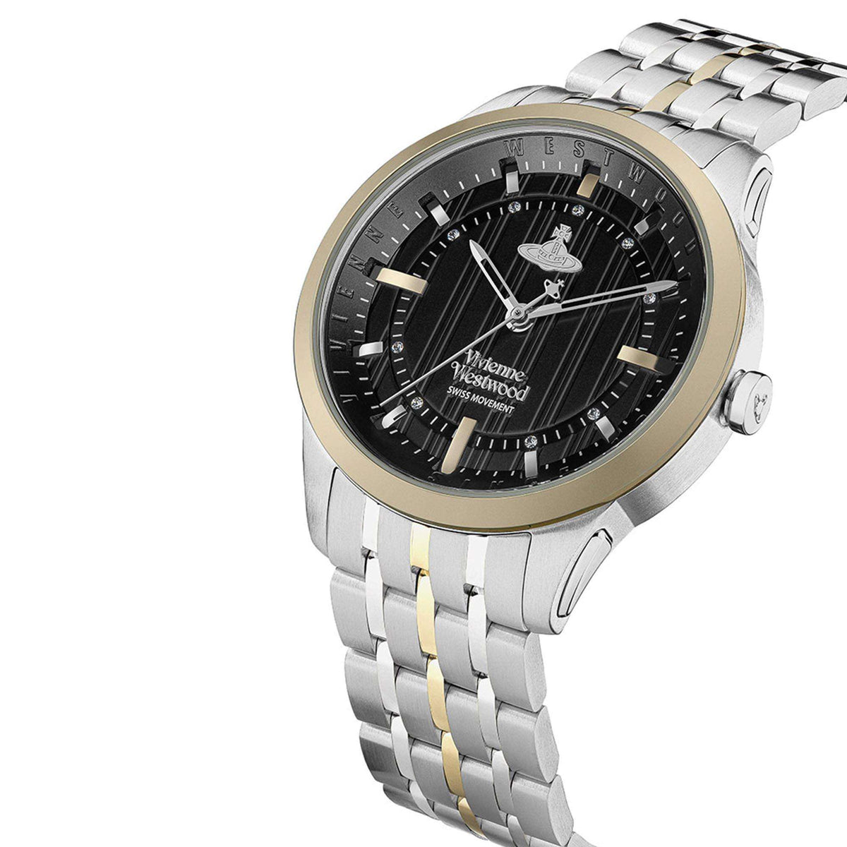Side angle view of Vivienne Westwood East End ladies watch with two-tone bracelet
