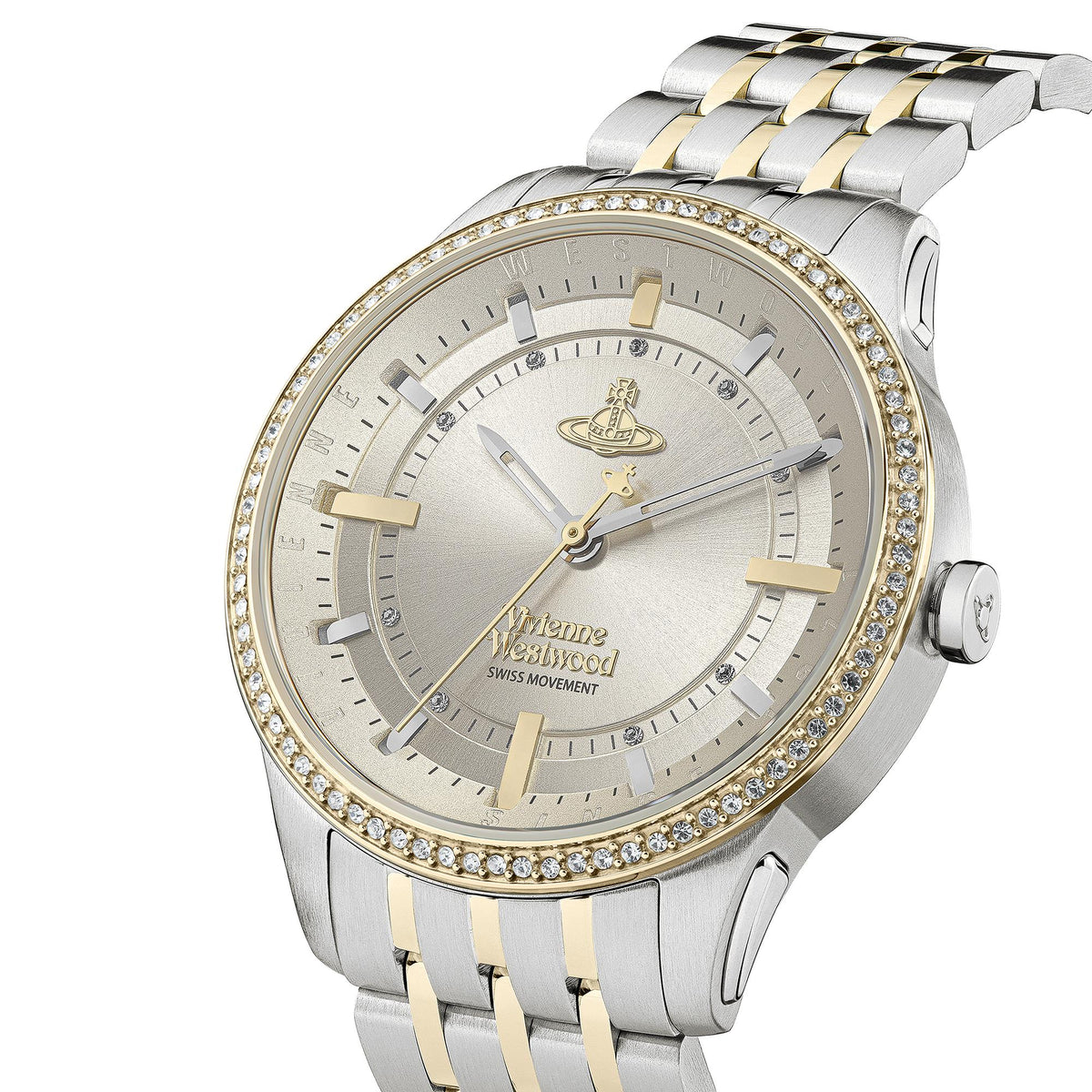 Angled view of Vivienne Westwood East End watch showing champagne dial and two-tone stainless steel bracelet