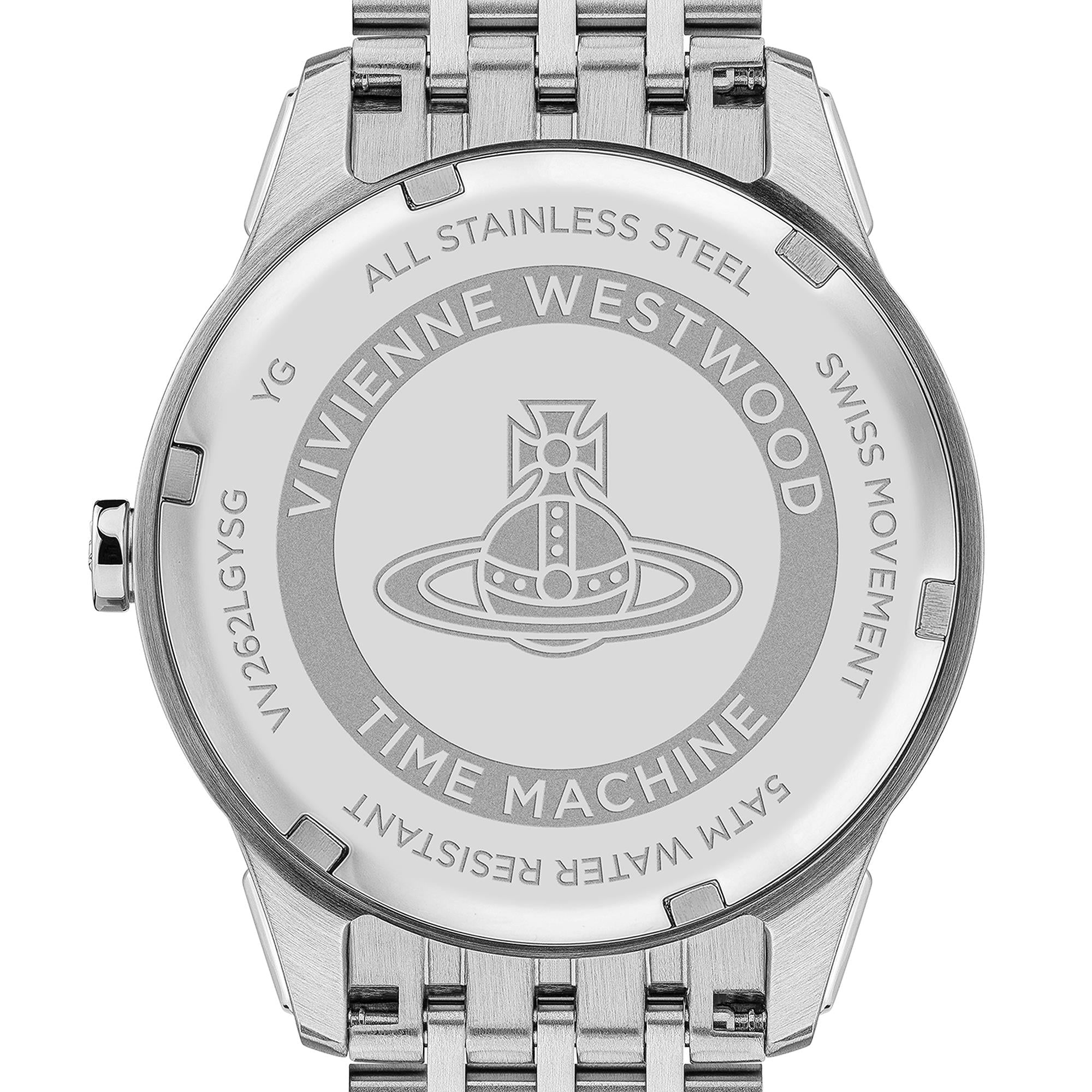 Engraved caseback of Vivienne Westwood East End watch with Orb logo and Time Machine text on stainless steel