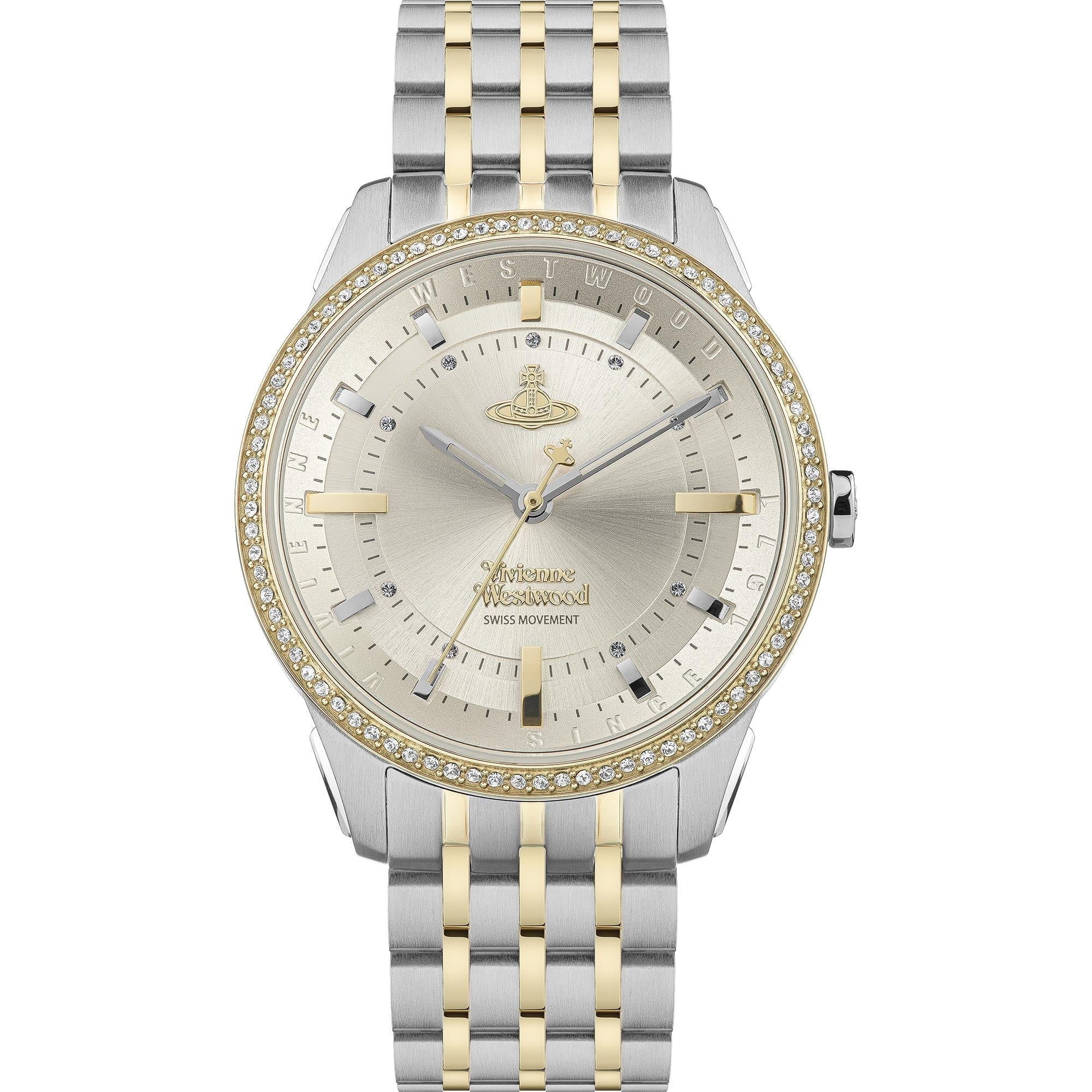 Vivienne Westwood East End ladies watch with champagne dial, gold-tone hour markers and crystal-set bezel on two-tone bracelet