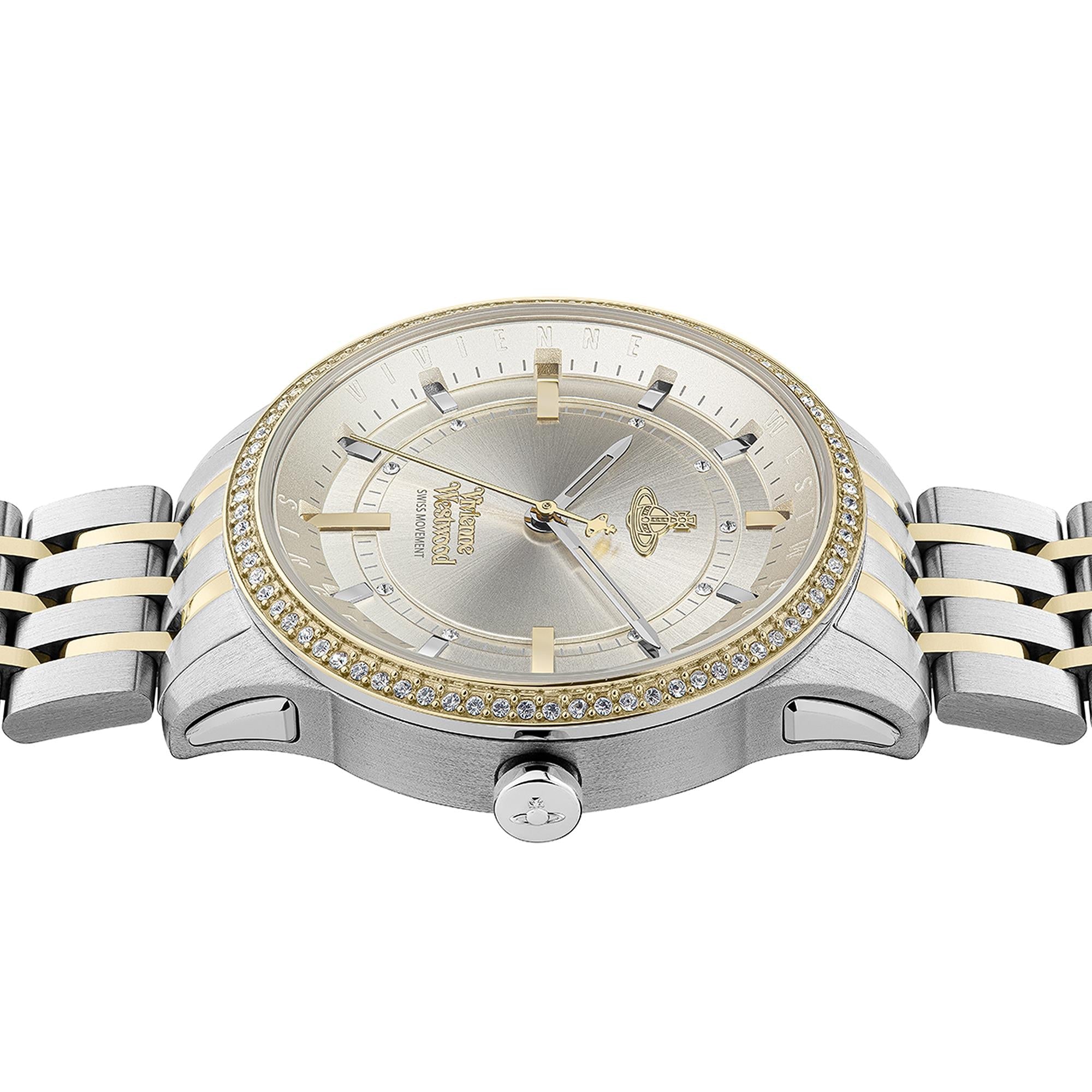 Vivienne Westwood East End watch worn on wrist showing crystal-set bezel and two-tone stainless steel bracelet