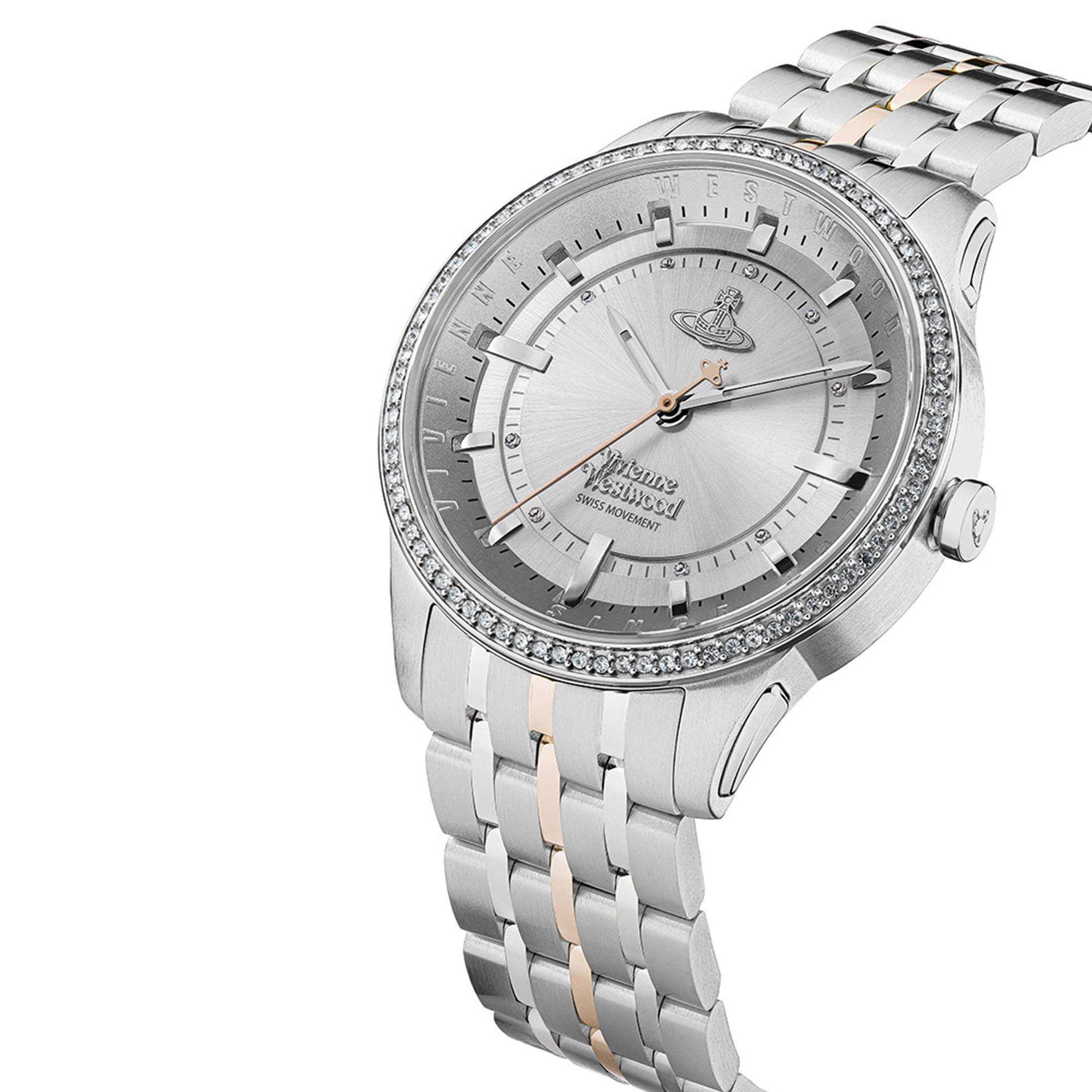 Angled side view of Vivienne Westwood East End watch displaying crystal bezel and two-tone bracelet