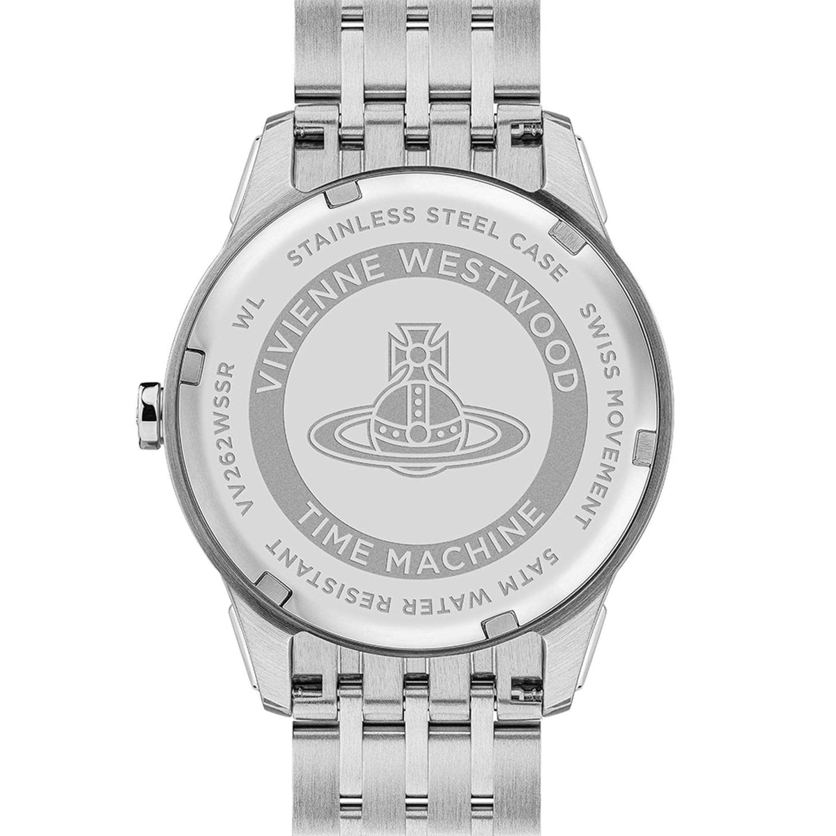 Stainless steel caseback of Vivienne Westwood East End watch with brand logo and text