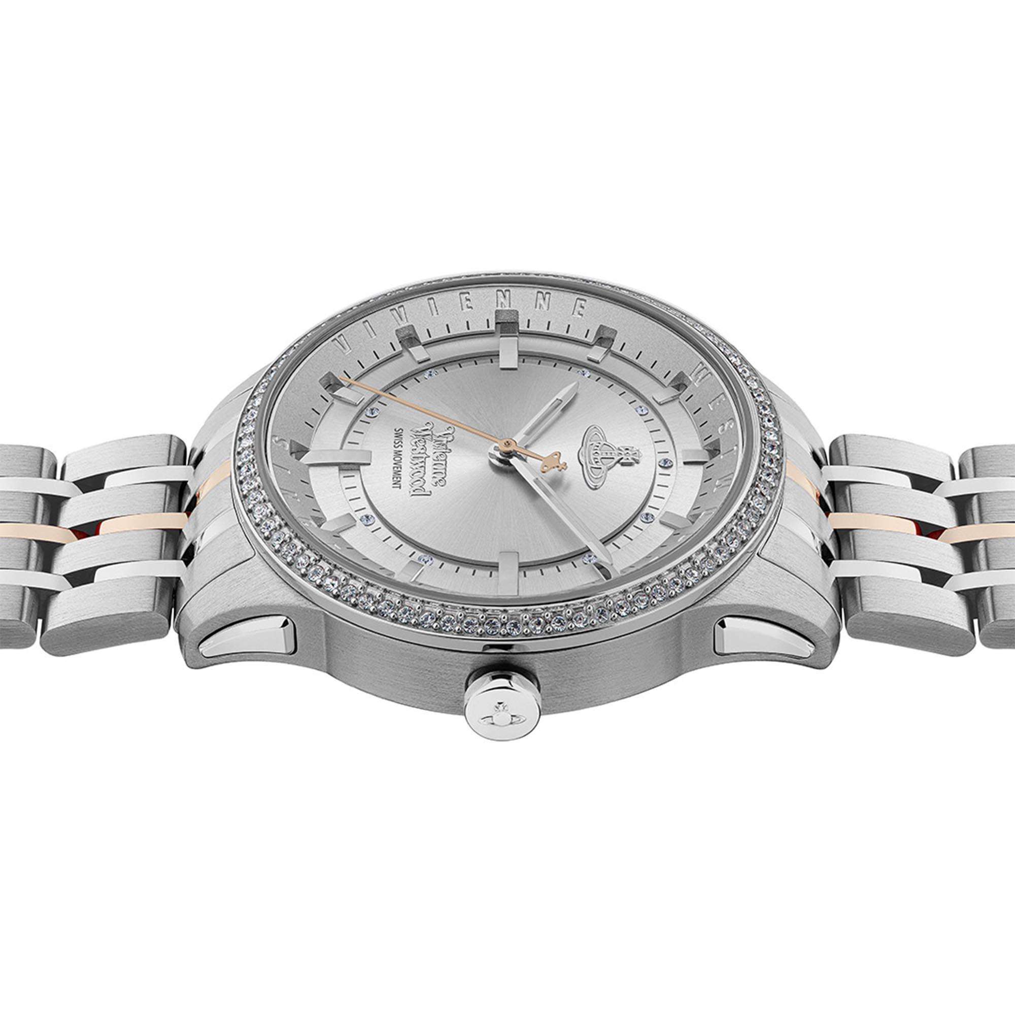 Top-down view of Vivienne Westwood East End watch showing crystal bezel and silver dial