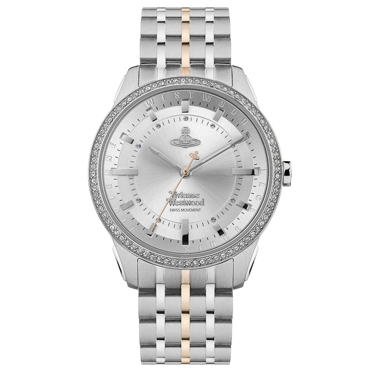 Vivienne Westwood East End women's watch with crystal-embellished bezel and two-tone stainless steel bracelet