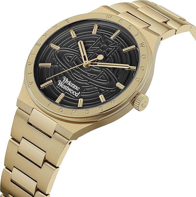 Vivienne Westwood Eltham watch at angle showing gold bracelet and black dial face