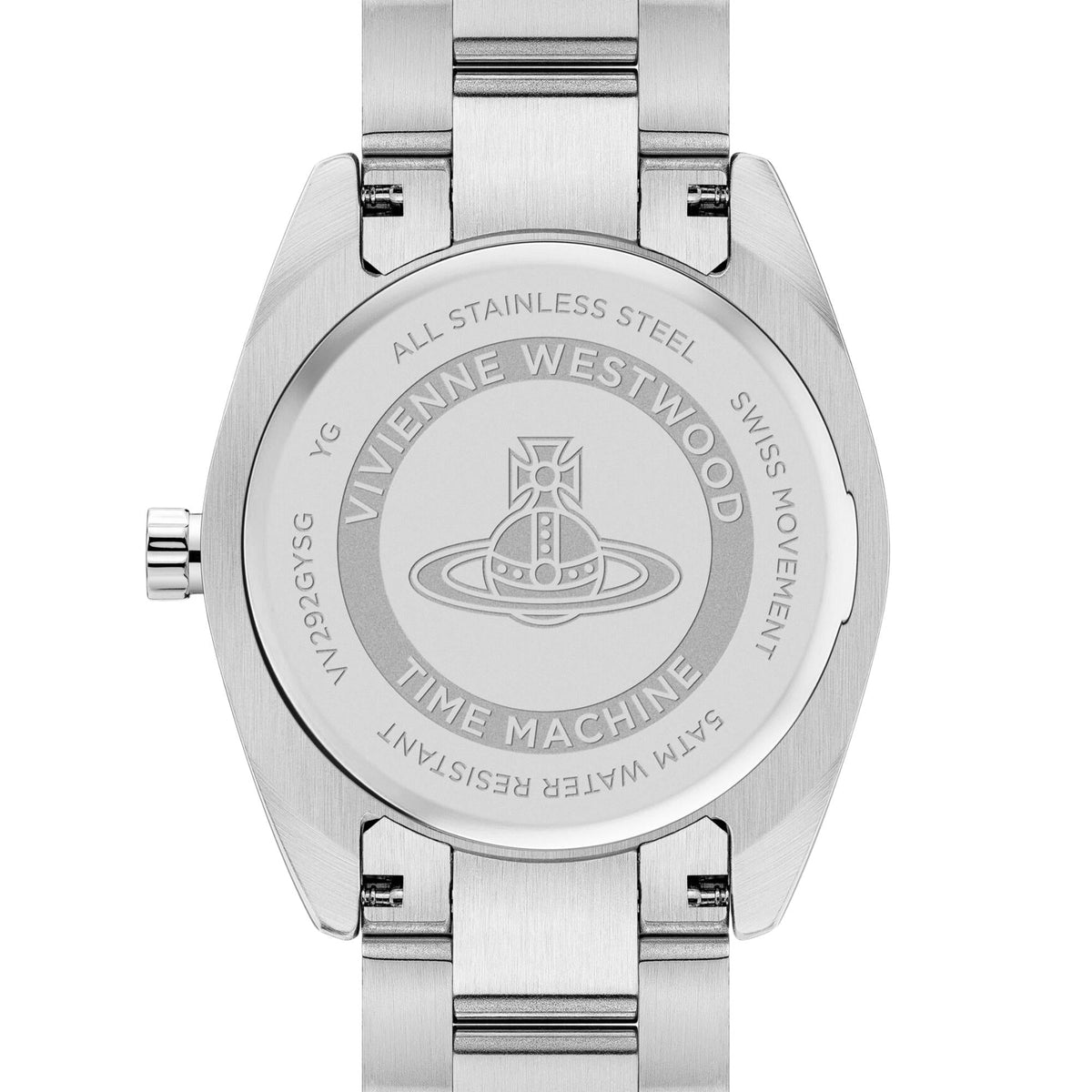 Vivienne Westwood Fenchurch caseback with stainless steel engraved with logo and Time Machine text