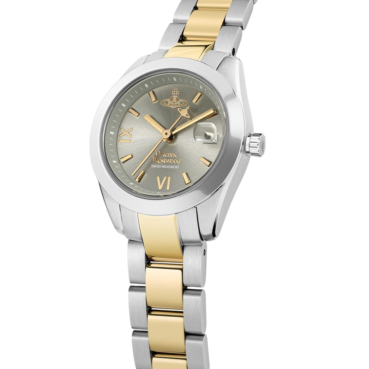 Side view of Vivienne Westwood Fenchurch two-tone bracelet and case