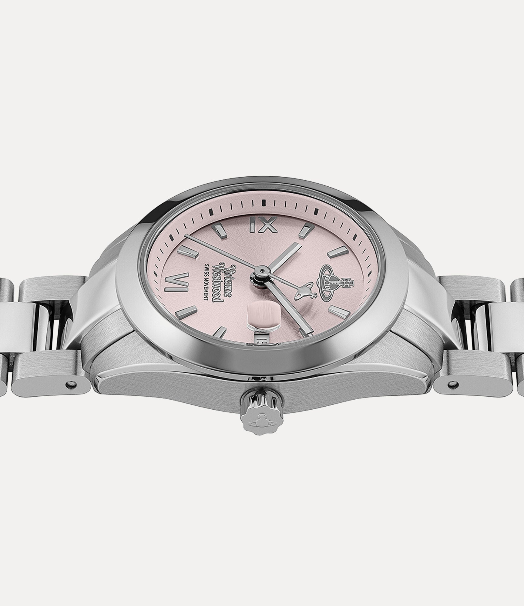 Vivienne Westwood Fenchurch watch angled view showing stainless steel case and pink dial