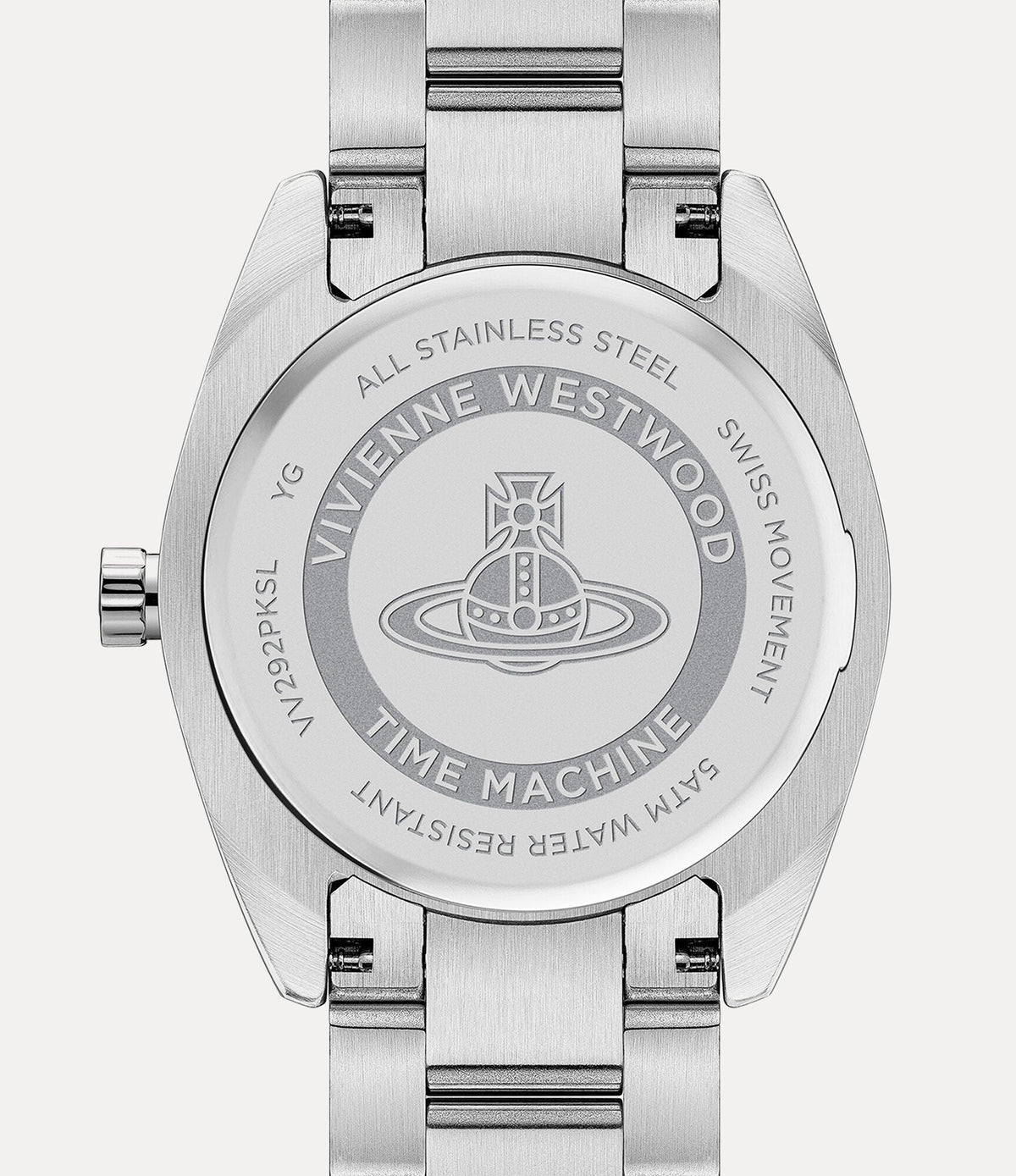 Vivienne Westwood Fenchurch caseback engraved with 'All Stainless Steel' and Vivienne Westwood Time Machine branding