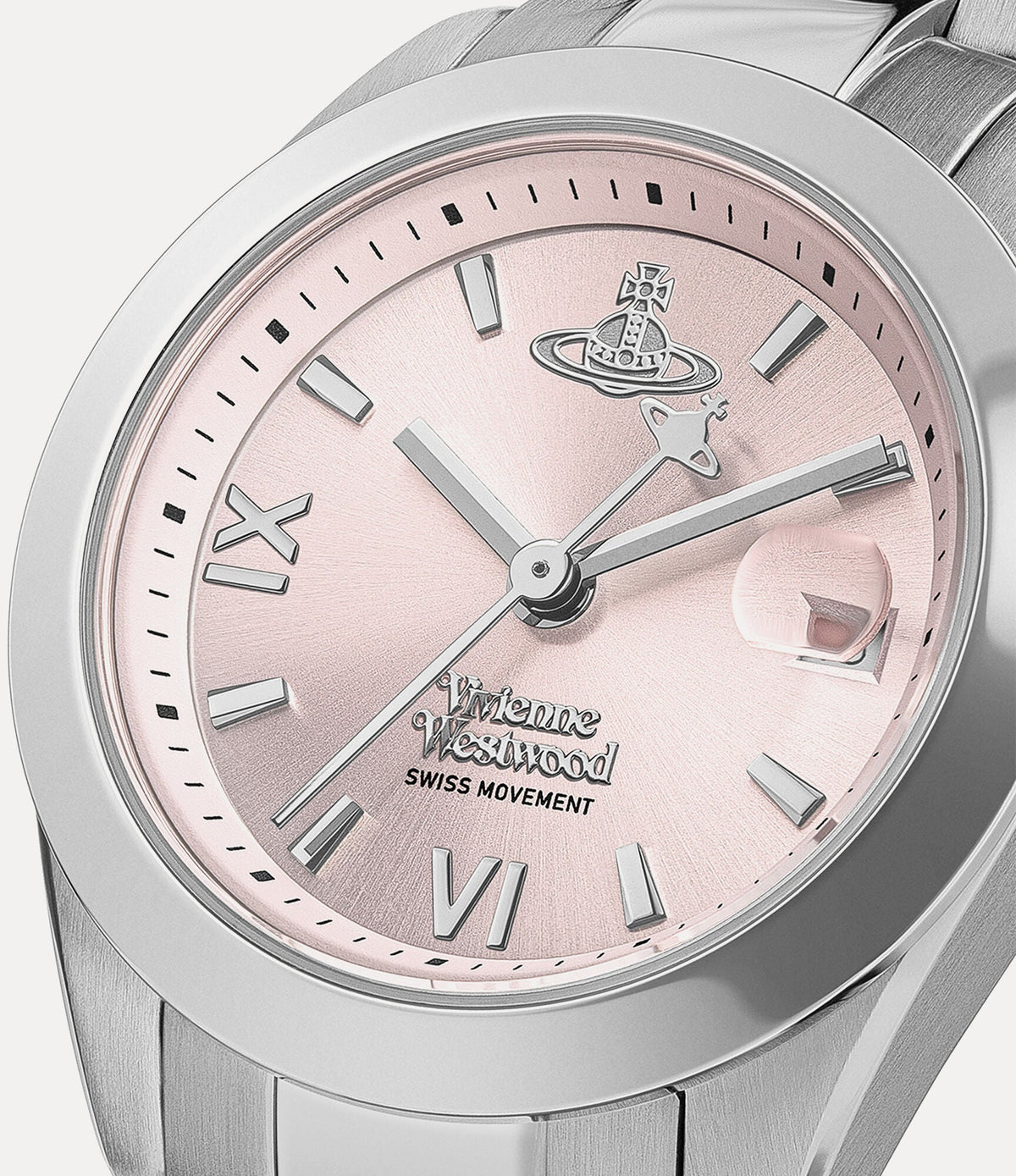 Vivienne Westwood Fenchurch dial close-up with pink face and Roman numeral markers