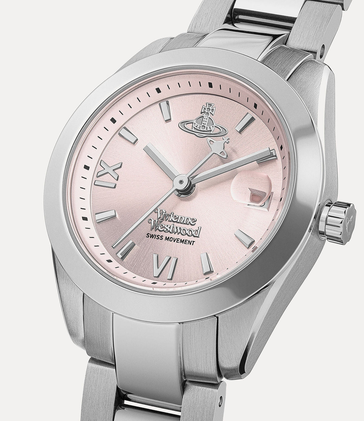 Vivienne Westwood Fenchurch dial detail with pink face, Roman numerals, and Vivienne Westwood branding