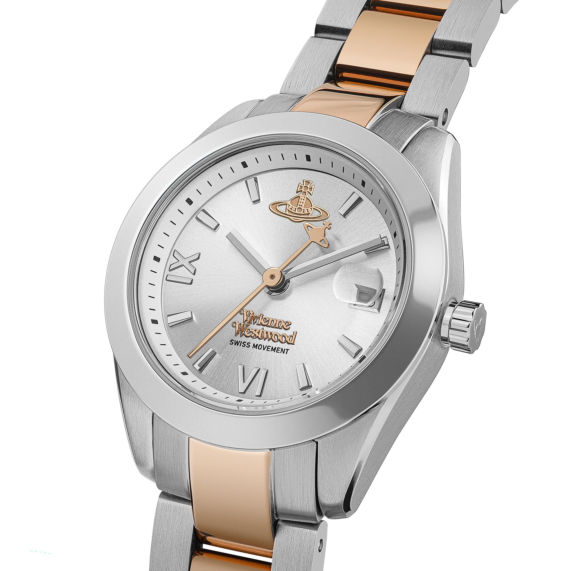 Vivienne Westwood Fenchurch ladies watch with two-tone stainless steel and rose gold bracelet at angle