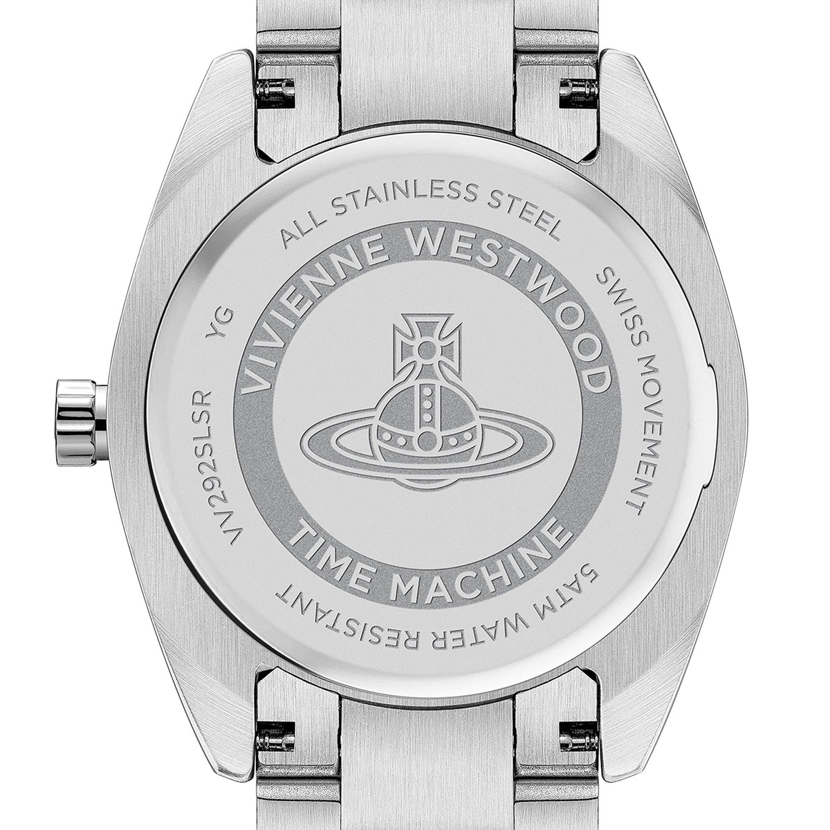 Vivienne Westwood Fenchurch stainless steel caseback with logo, 'All Stainless Steel', and Swiss movement text